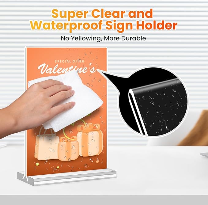 Acrylic Sign Holder 8.5x11, 10 Pack Clear Table Plastic Vertical Clear Double Sided Flyer Display, Picture Menu Stand Paper Holder Photo Sign Holder Suitable for Restaurants Office Store Show Fair