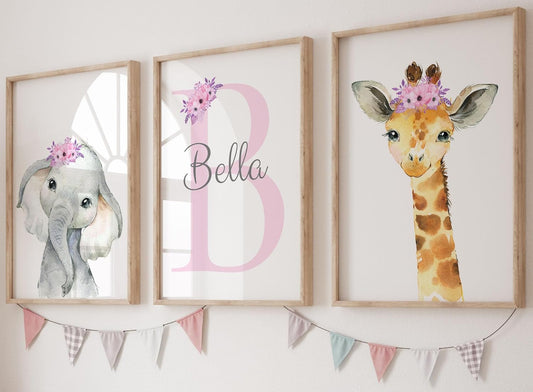 Personalized Safari Animals for Baby Girls Nursery, Set of 3 Unframed Poster Prints, Personalized Name Pink Lilac Floral, Girls Bedroom Decor, Elephant Giraffe (12x16)