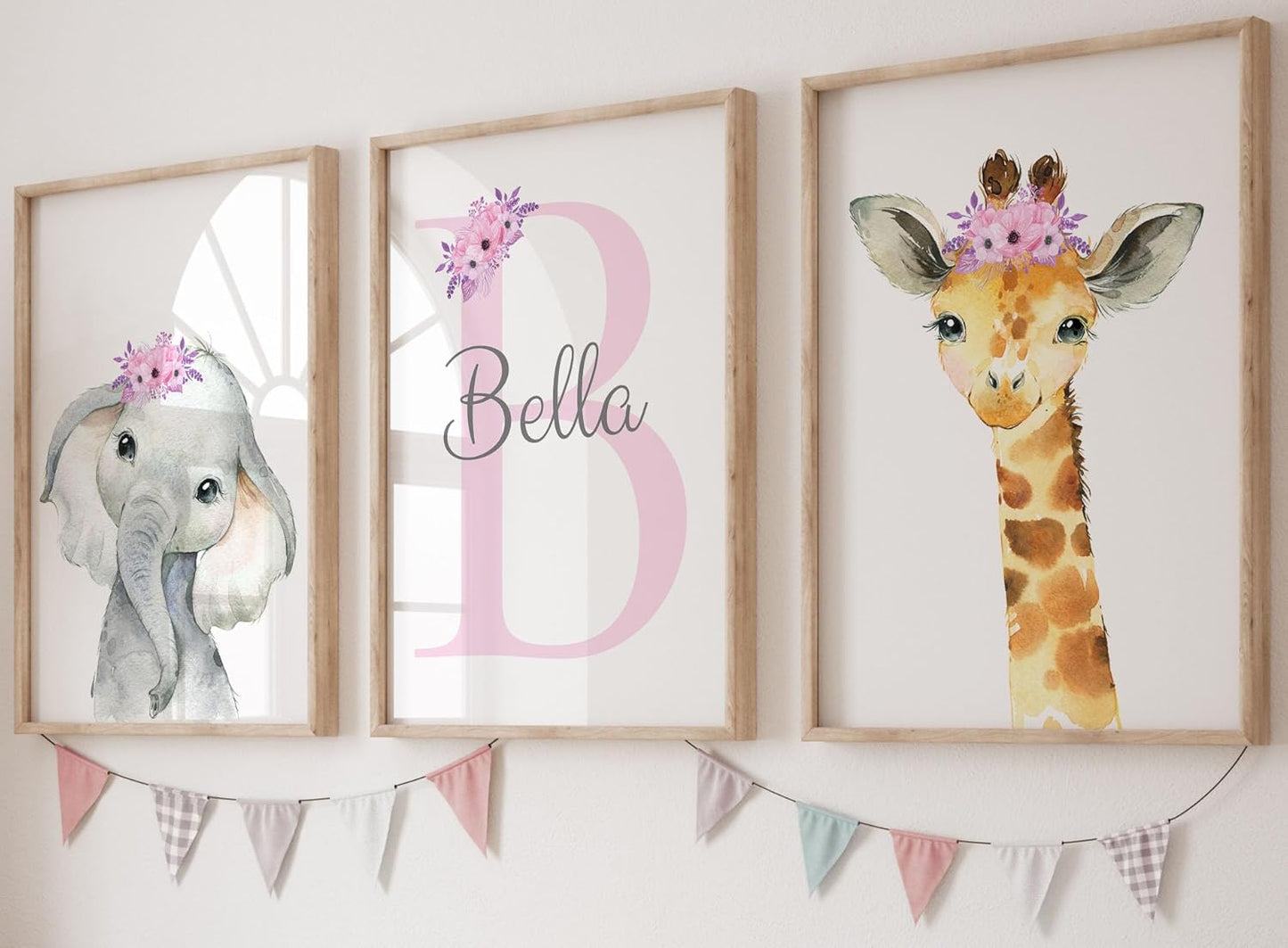 Personalized Safari Animals for Baby Girls Nursery, Set of 3 Unframed Poster Prints, Personalized Name Pink Lilac Floral, Girls Bedroom Decor, Elephant Giraffe (11x14)