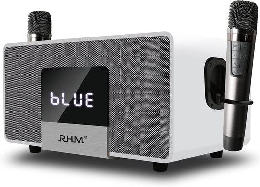 RHM K222 Karaoke Machine, Bluetooth Speaker with 2 UHF Wireless Microphones, 5 Music Modes, Support Optical, Bluetooth, AUX, USB, PC, Wooden Party Speaker for TV, Home Party, Karaoke, Meeting