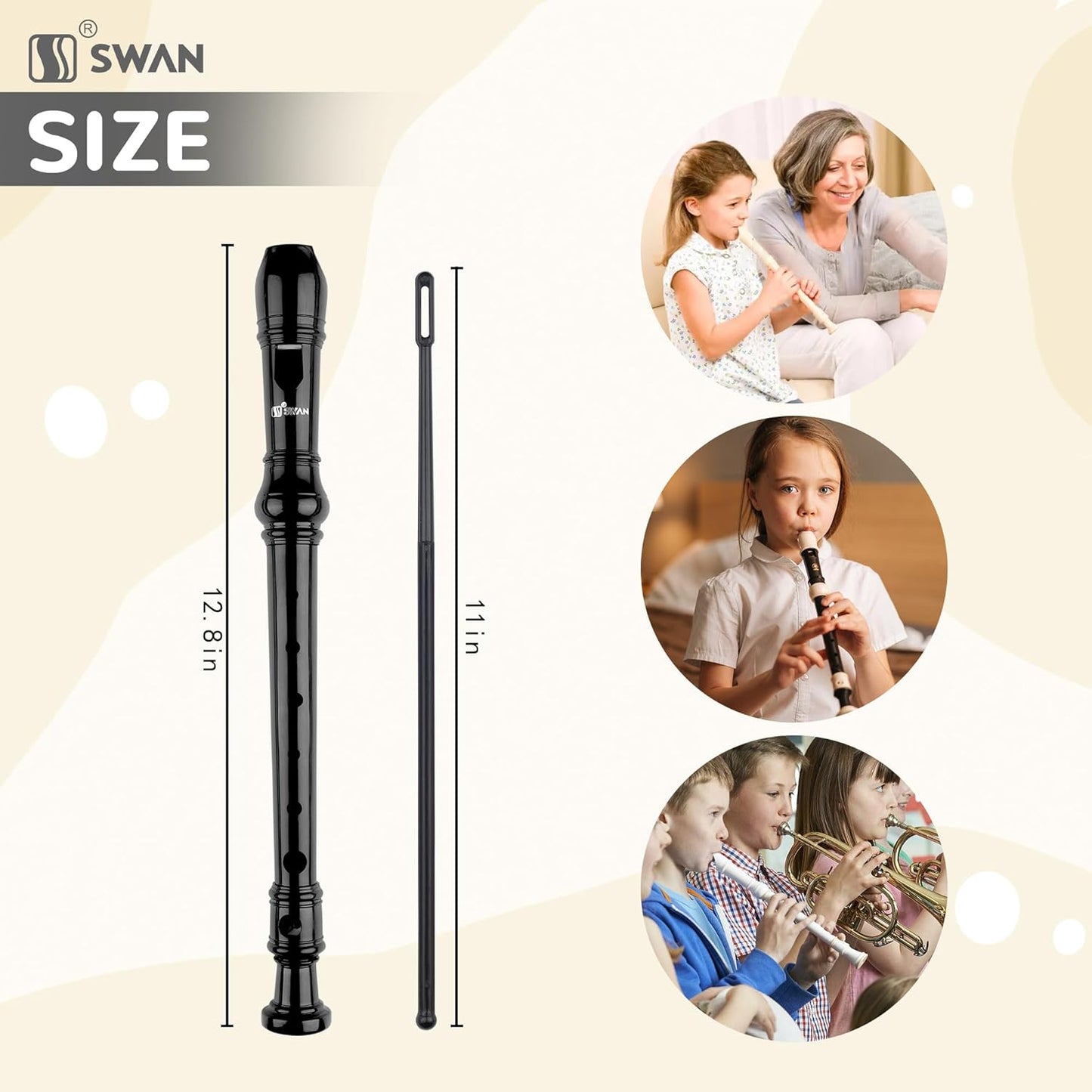 SWAN Soprano Recorder Instrument for Beginners Student - Baroque Style 8 Hole Flute Detachable 3pcs Descant Recorder with Cleaning Rod and Fingering Chart for Kids over 6 Years Old, Black