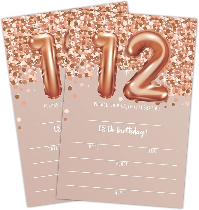 12th Birthday Invitation Cards, Rose Gold Glitter 12th Birthday Party Invites, Kids Happy Birthday Party Decorations Supplies, 20 Fill-in Cards with Envelopes for Boys or Girls Party Celebration - C04