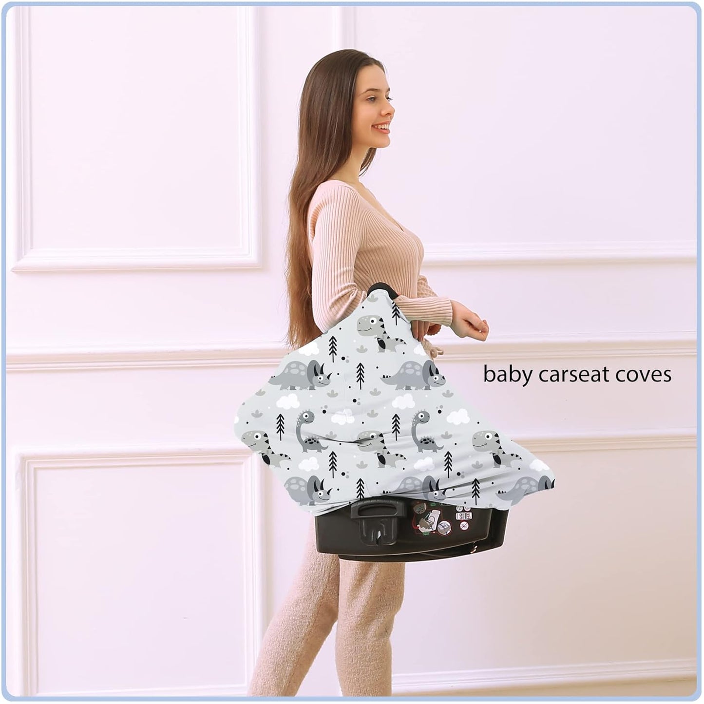 Car Seat Covers for Babies - Multi- use Nursing Carseat Canopy, Breastfeeding Covers, Baby Shower Gifts for Boys and Girls (Grey Dinosaur)