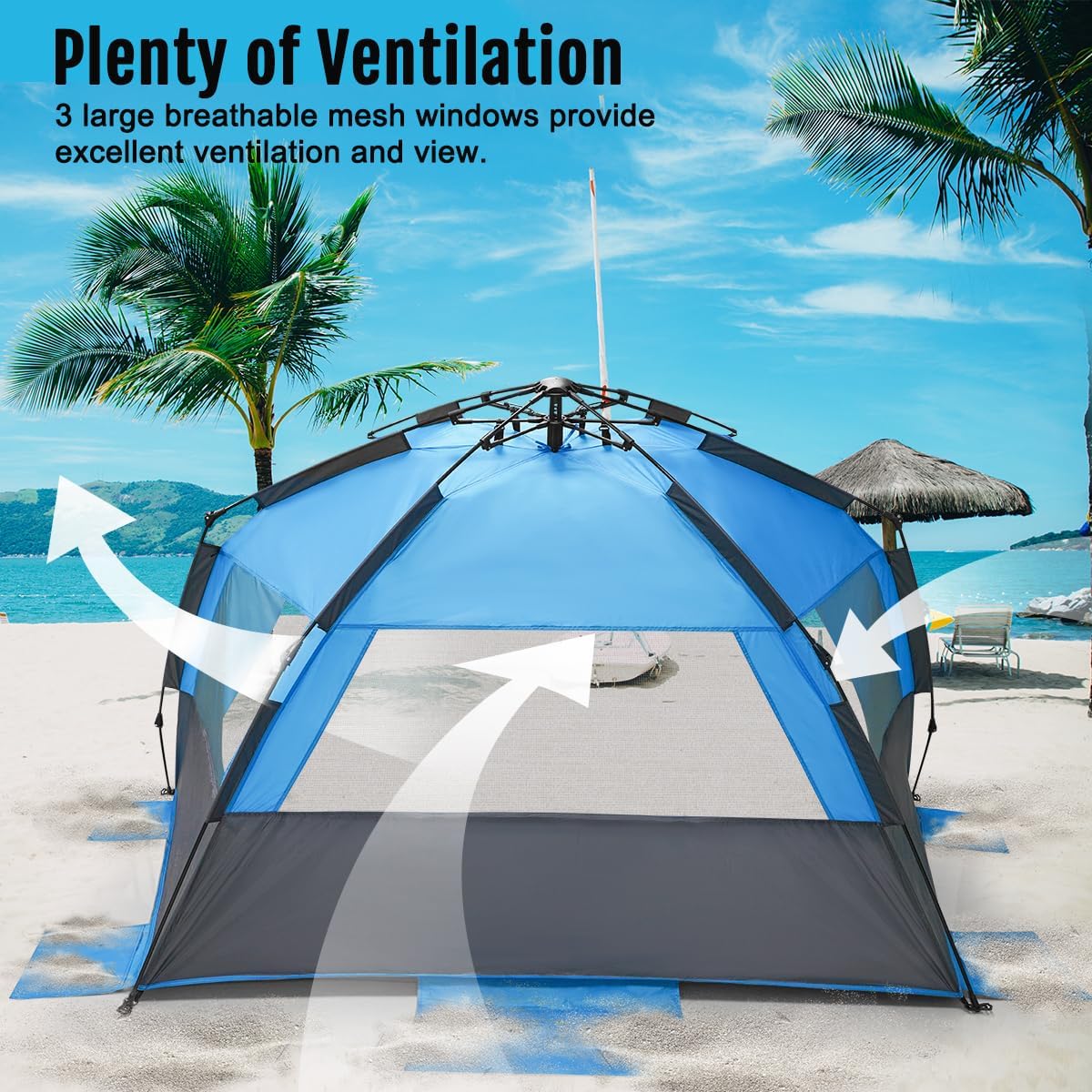 WhiteFang Deluxe Pop Up Beach Tent Sun Shade Shelter for 3-4/5-6 Person, UV Protection, Extendable Floor with 3 Ventilating Windows Plus Carrying Bag, Stakes, and Guy Lines