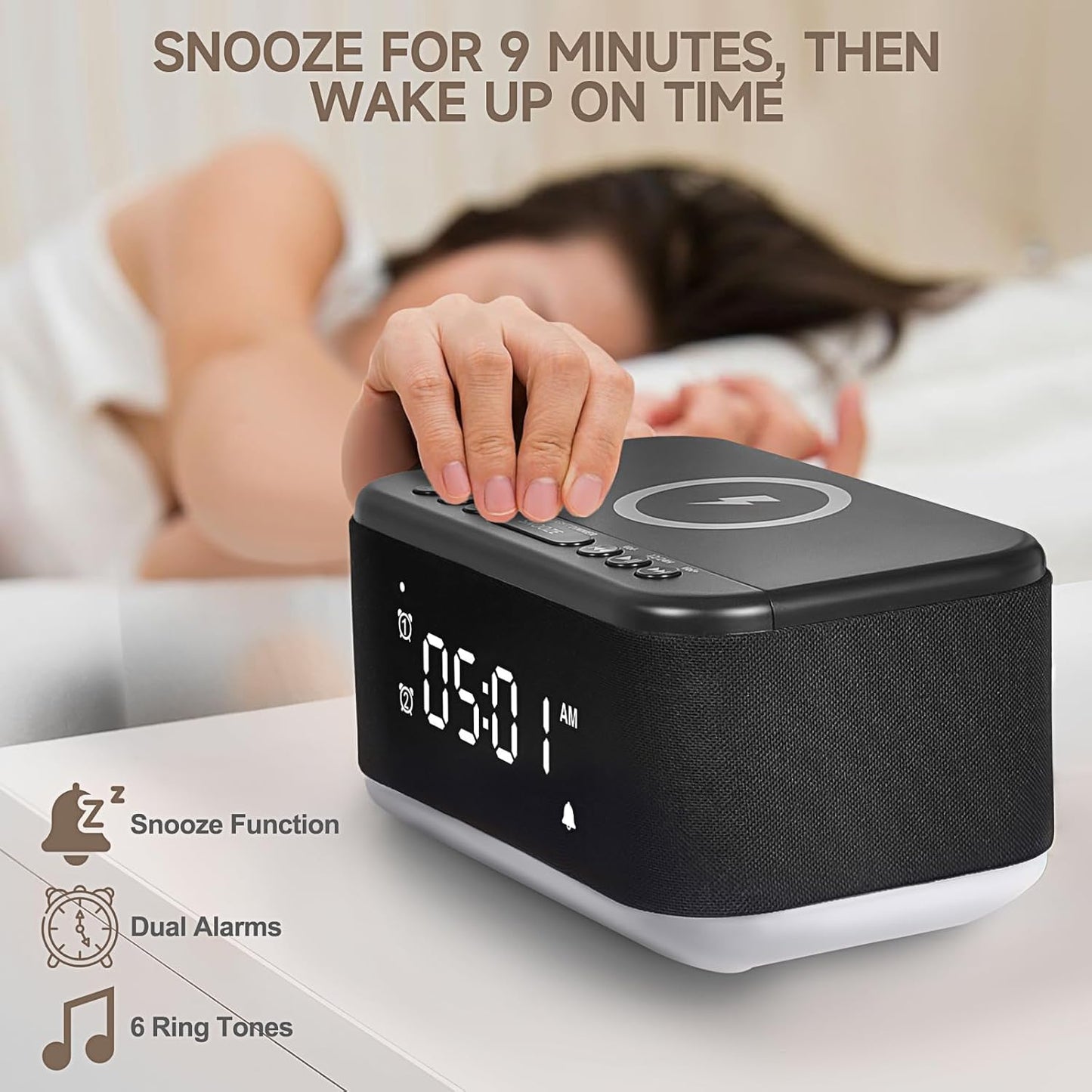 Alarm Clock Speaker Wireless Charger, Digital Alarm Clocks Bedrooms Bluetooth, Alarm Clock Dimmable Light Bedrooms Dual Alarm Snooze Dimmer 12 24H RGB Night Light Bluetooth USB AUX, Black