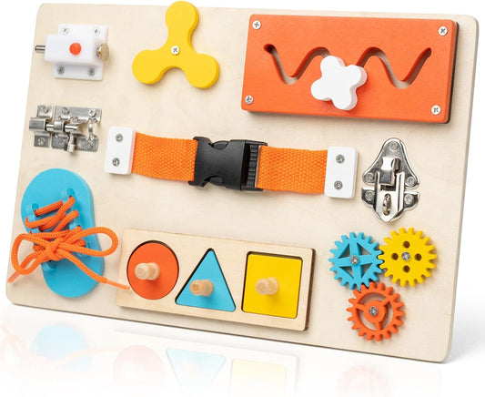 Montessori Busy Board for Toddlers, 9-in-1 Wooden Sensory Toys for Fine Motor Skills, Educational Activity Board for Preschool Learning, Travel Toys Gift for Boys Girls 3 4 5