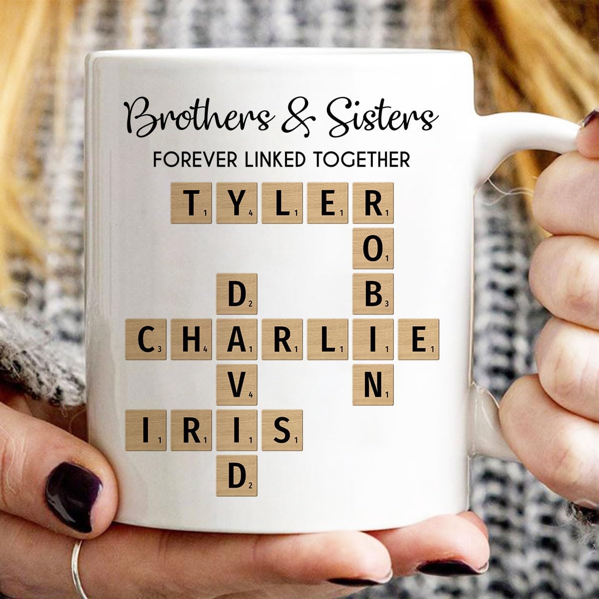 Trending Custom Brothers And Sisters Forever Linked Together Crossword Puzzle Art Personalized Mug, Gift For Brothers, Sisters, Siblings, Family Member on Birthday Christmas