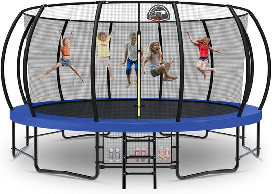 Tatub Large Trampolines Outdoor 10 12 14 15 16FT for Kids and Adults,Outdoor Recreational Pumpkin Trampolines with Curved Poles and Safety Enclosure Net, Basketball Hoop, Ladder