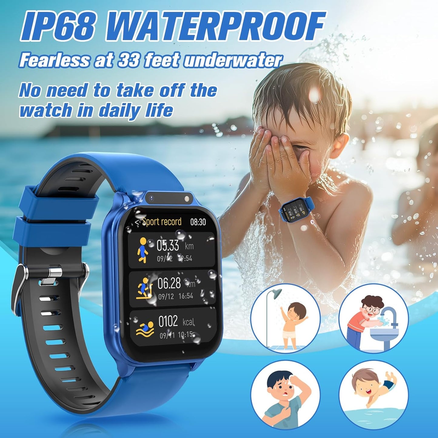 Smart Watch for Kids 1.85" with Fitness Tracker, Sleep Monitor, 22/100+ Sport Modes, DIY Dial, IP68 Waterproof, Step Counter, Heart Rate, Camera, with/Without APP, Gift for 3-12 Years Old Boys Girls