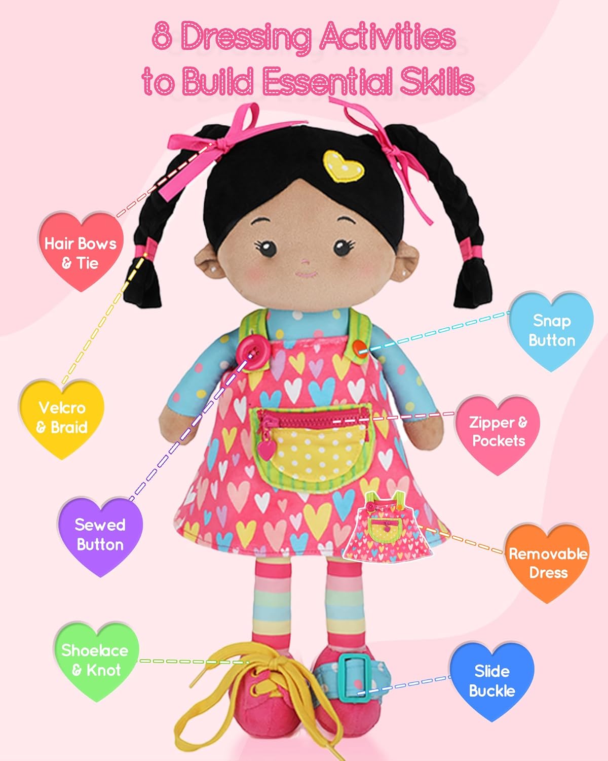 Soft Bady Educational Soft Baby Doll(16''), Learning Sensory Doll for Toddlers, Montessori Toys for 2-Year-Old Girls Christmas, Birthday Gifts, Plush Doll with Button-Busy Sweetheart Tanned