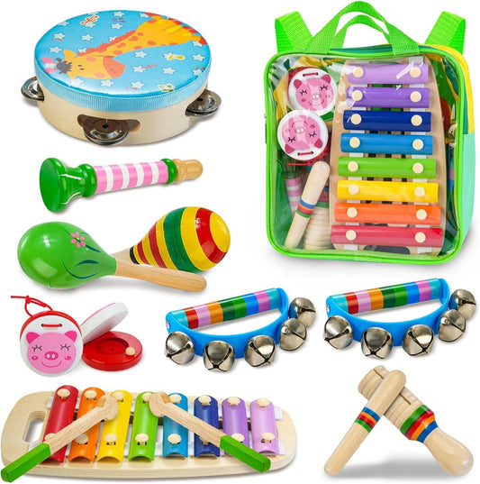 Kids Musical Instruments, 12pcs Wooden Musical Toys for Toddlers 2-4 with Xylophone Maracas Tambourine, Educational Baby Musical Toys Birthday Gift for 2 3 4 5 Years Old Girls Boys