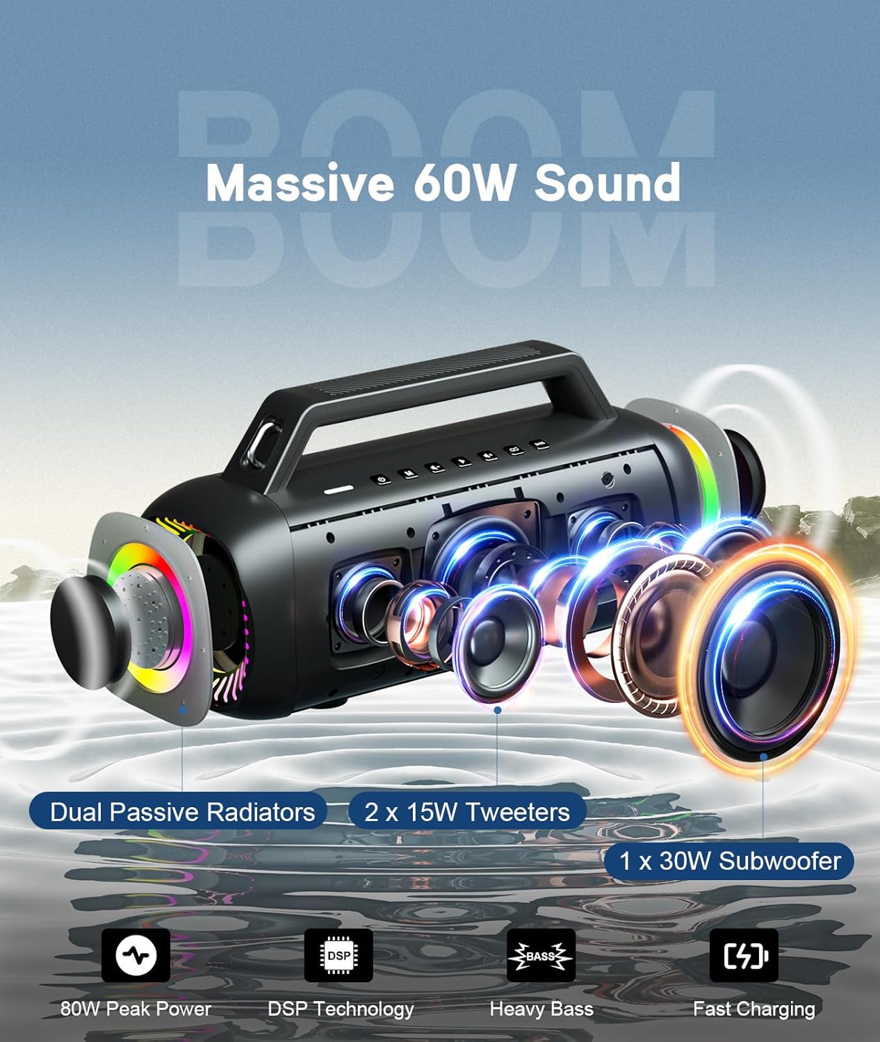 Ortizan Portable Bluetooth Speaker Loud, 80W Peak, Bass Up, 20H Playtime, IPX7 Waterproof, RGB Lights, Wireless Stereo Pairing, BT5.3, USB-C, Subwoofer Outdoor Speaker for Camping, Beach, Backyard