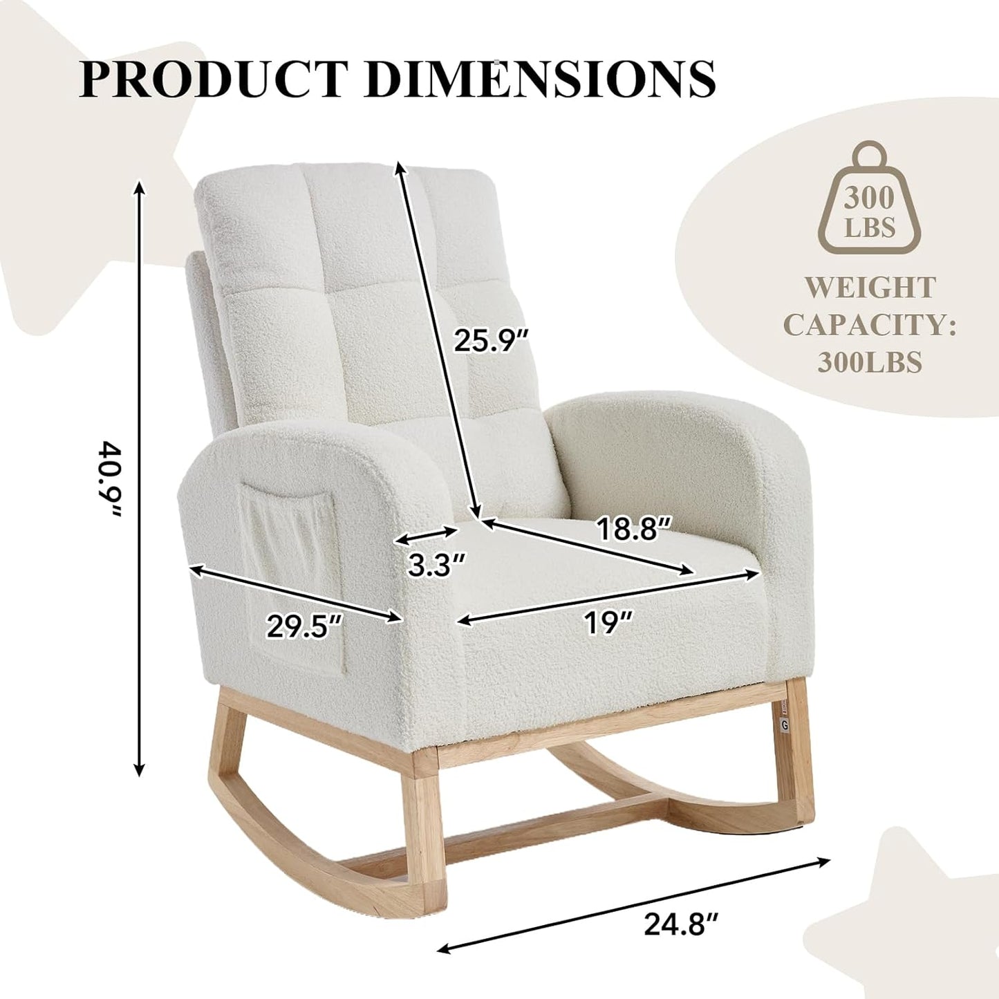 NIOIIKIT Nursery Rocking Chair, Teddy Upholstered Glider Chair with Side Pocket, Glider Rocker Chair with Tufted Back, Comfy Accent Nursing Chair for Living Room (White Retro)