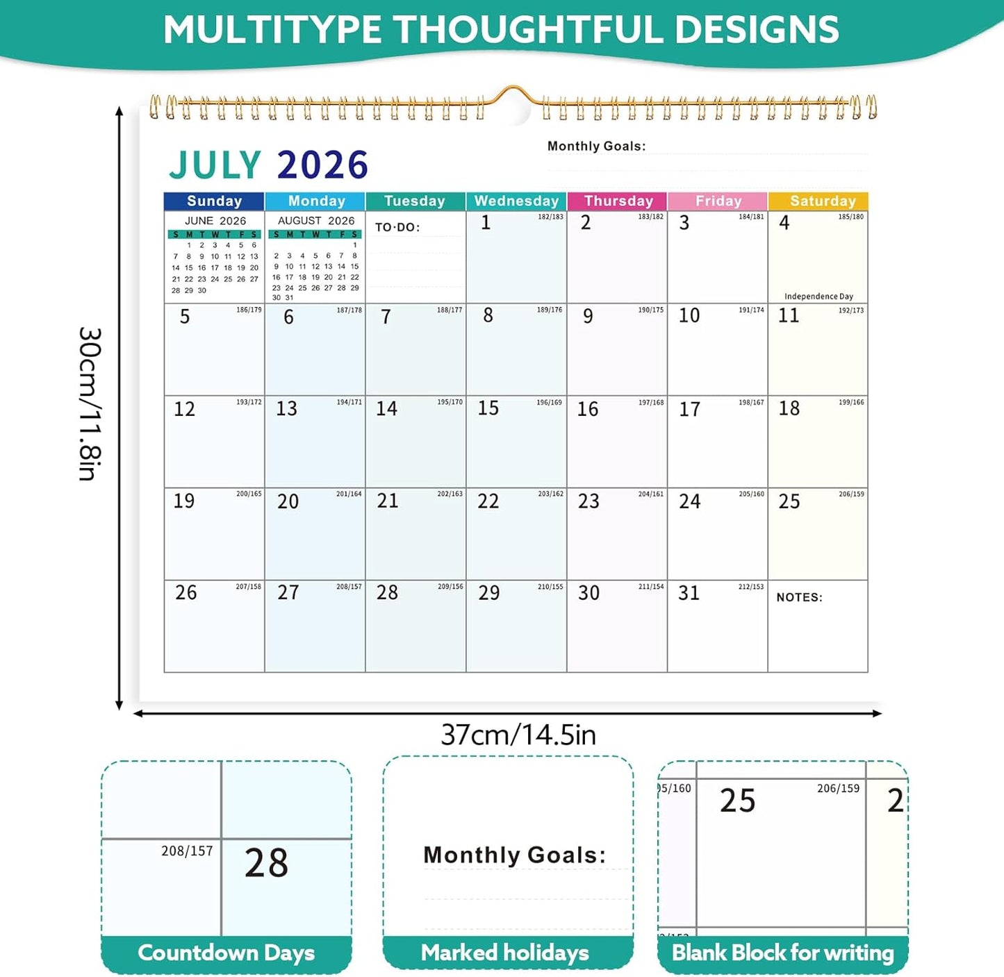 Wall Calendar 2025-2026, 18 Month Large Desk Calendar from July 2025 to December 2026 14.5" x 11.8" Monthly Calendar with Twin-Wire Binding for Home Office Planning Organisers, Colorful Blocks