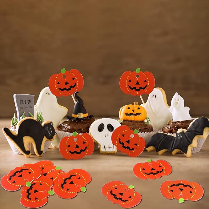 100 Pieces Halloween Pumpkin Gift Tags Paper Hanging Pumpkin Tags Pendants Christmas DIY Party Decorations with Pre Cut Holes, 1.8 x 1.4 Inches