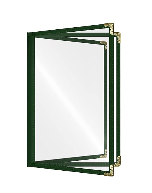 Goodsmart Restaurant Menu Covers – 25 Pack Green 6-View Booklet 8.5" x 14", Side-Loading Vinyl & Plastic Menu Holders, Clear Menu Sleeves, Leather-Style Café Covers with Gold Corners