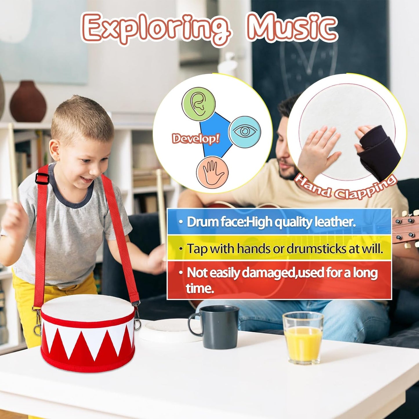 Kids Drum Set,8 in Wooden Toy Drum Set,Educational Baby Musical Toys Drum with Adjustable Strap 2 Drumsticks,Sensory Musical Instrument Drum Toy for Toddler Boys & Girls Gift(Red)