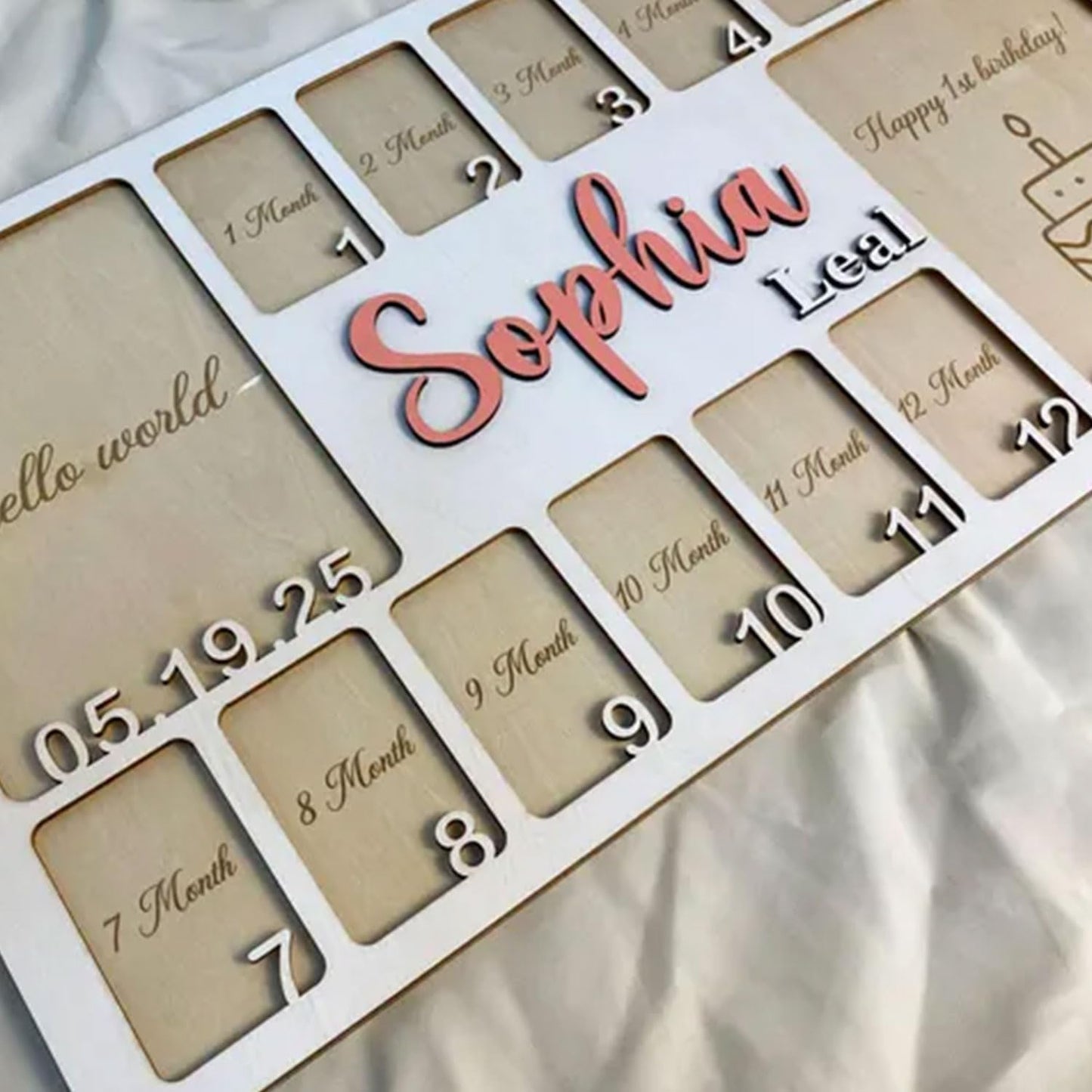 Personalized My First Year Photo Frame | Hello World To Birthday 12 Months Picture Frame For Baby First Year | Displays Two 4x6 Photo and Twelve 2x3 Pictures | Birthday Party Memory Keepsake