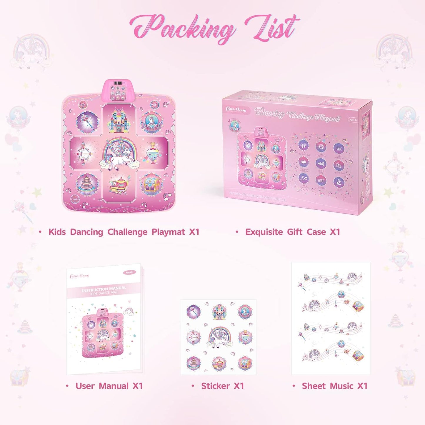 GirlsHome Dance Mat - Unicorn Toys for Girls Electronic Dance Pad with 5 Game Modes, Built-In Music, Touch Sensitive Light Up LED Kids Musical Mat, Christmas & Birthday Gift for Toddler Girls 3-12