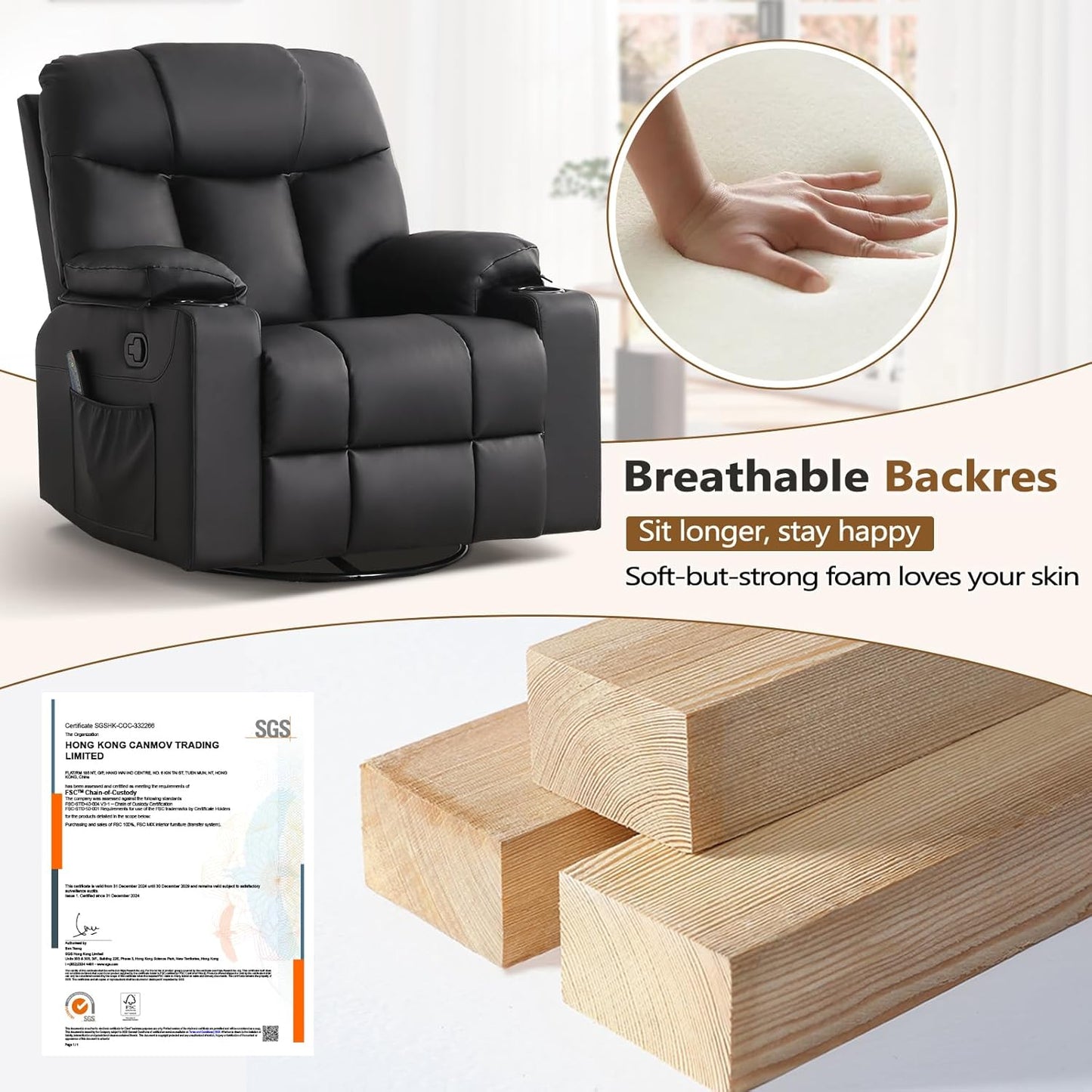 ANJ Swivel Rocker Recliner Chair Set of 2, Brown PU Leather, Manual 3-Position Reclining with Massage & Heat, Cup Holders for Living Room