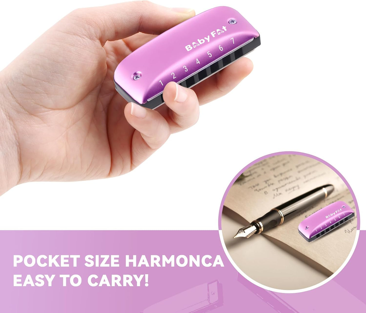 BabyFat 7 Hole Blues Mini Harmonica Set,Diatonic Harmonica with free lanyards,Gifts for Professional Players and Beginners,Easy-playing Musical Instrument(Key of D）