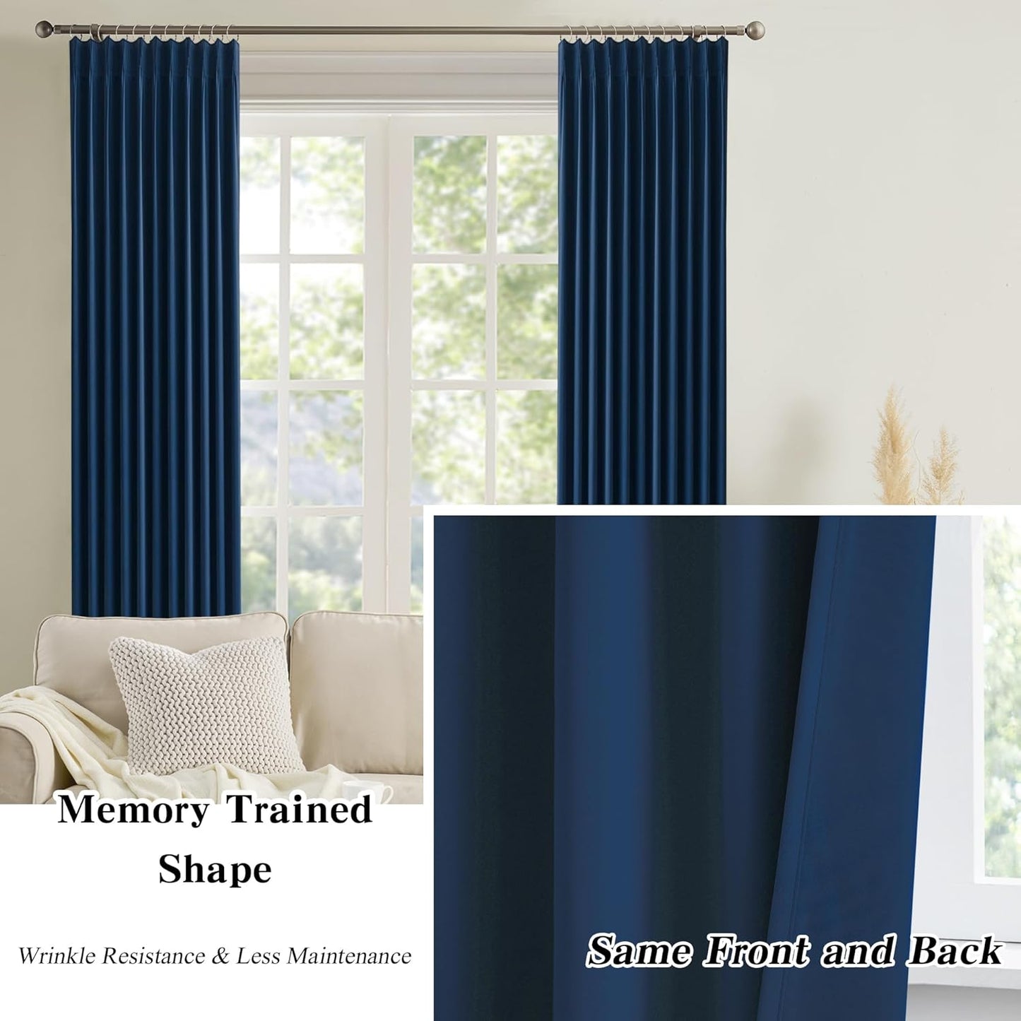 KEQIAOSUOCAI Dark Navy Blue Pleated Blackout Curtains 2 Panels Set, Thermal Insulated Room Darkening Privacy Window Curtain Panels for Bedroom(Pinch Pleat 40 Wide x 72 inch Long)