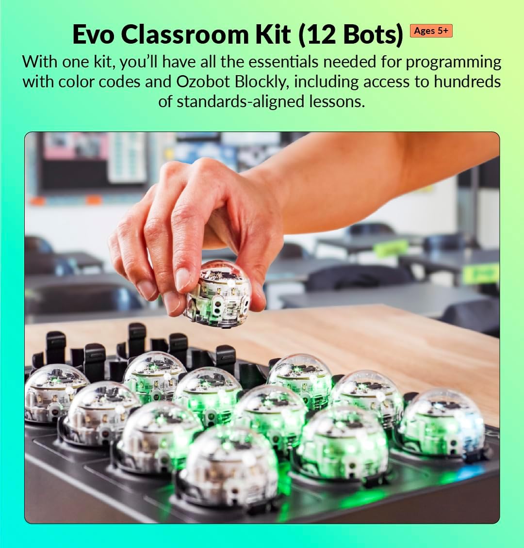 Evo Classroom Kit (12 Bots): Interactive Coding Robot, Kids Ages 5+, Includes 12 Evo Robots, Color Code Markers, Charging Cradle, Bot Stickers, Access to 700+ STEAM Lessons, Educators & Parents