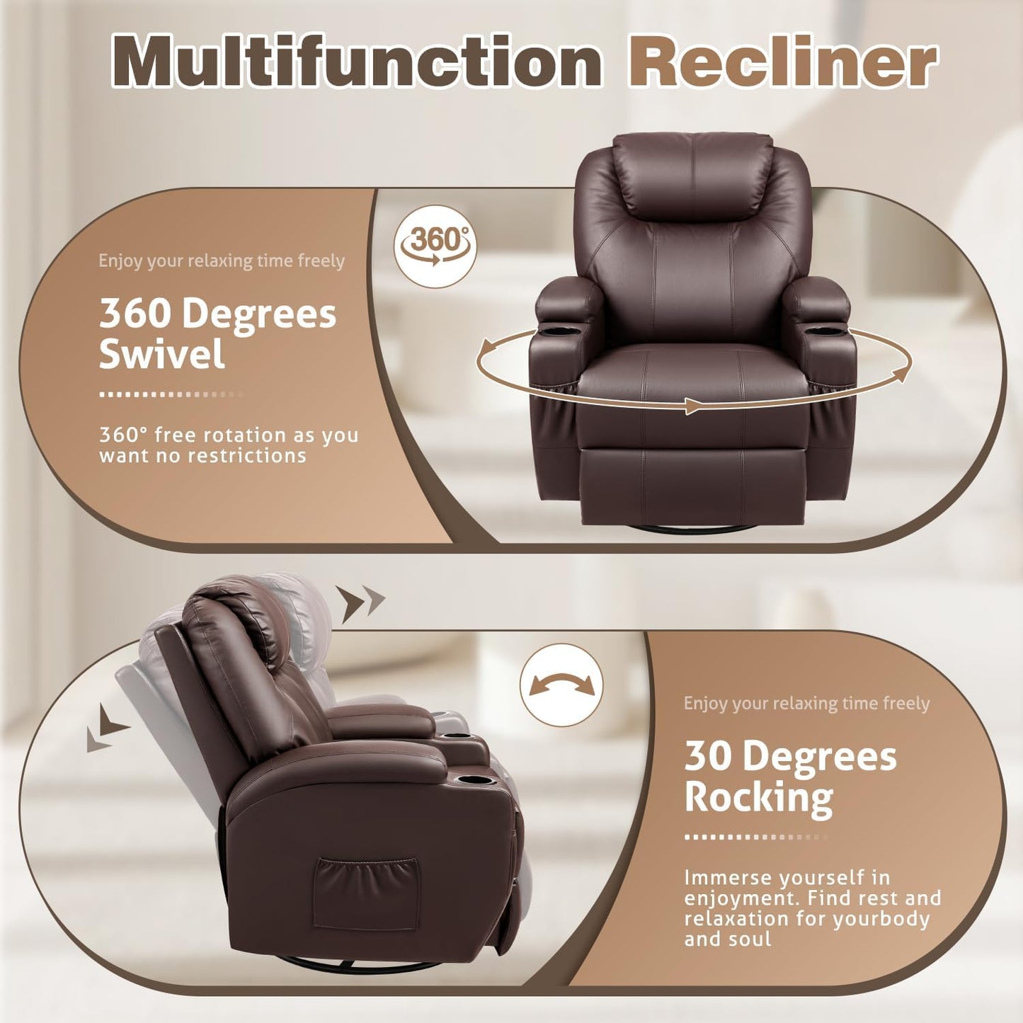 Recliner Chair, 360° Swivel Rocker Chair for Adults, Rocking Recliner Chair with Massage, Comfy Single Sofa with Side Pockets Cup Holders for Living Room, Bedroom, Nursery (Leather, Dark Brown)