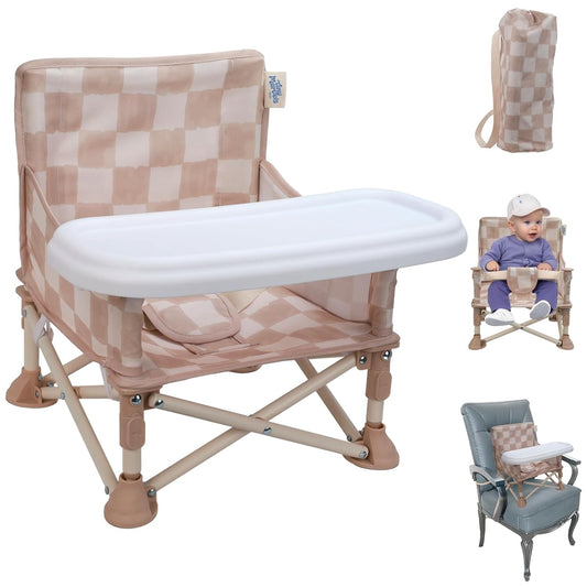 Tiny Marvels Portable 3-in-1 Baby Booster Seat, Cozy Floor Seat, Feeding Seat with Tray, Compact Foldable Toddler Booster with Child Safety Belt Carry Bag, Perfect for Travel (Sand Checker)
