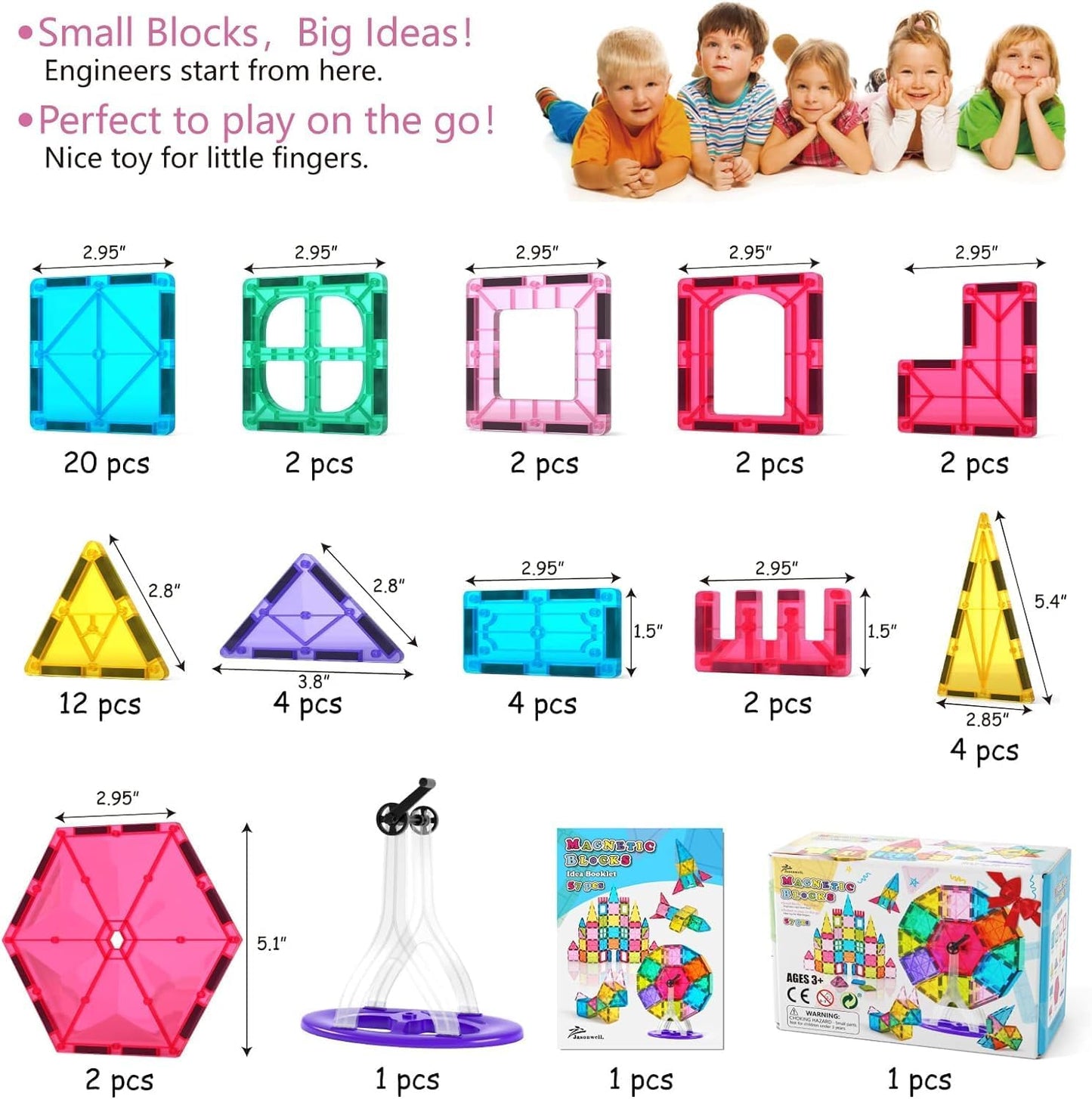 Jasonwell 57PCS Magnetic Tiles Building Blocks Set for Boys Girls Preschool Educational Magnet Construction Kit Stacking STEM Toys Christmas Birthday Gifts for Kids Toddlers 3 4 5 6 7 8 9 + Year Old