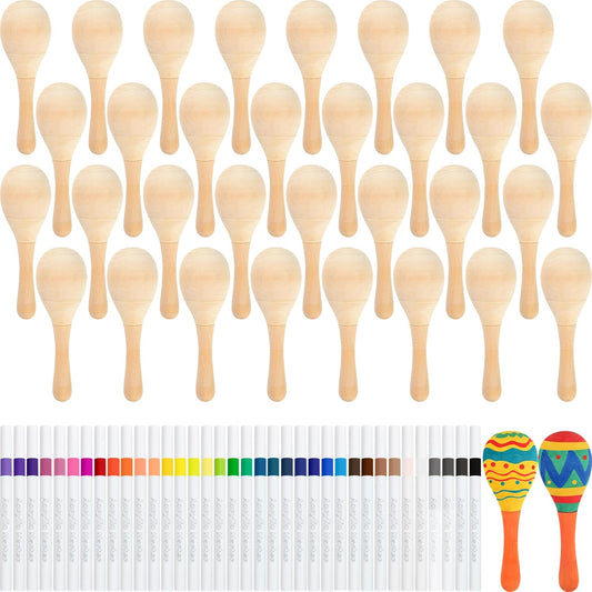 NEBURORA 6Pcs DIY Mini Unfinished Wooden Maracas with 6Pcs Multicolor Pens Fiesta Mexican Maracas Favors Cinco De Mayo Party Supplies Decorations