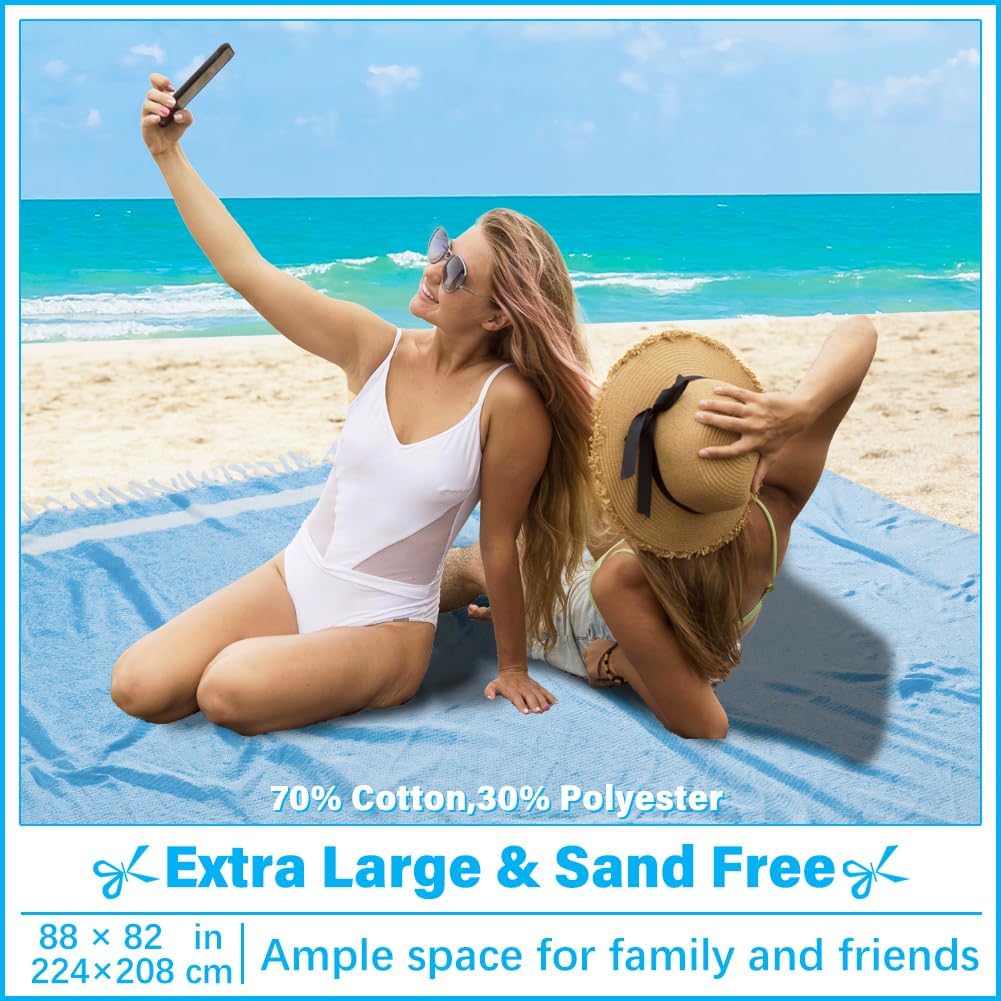 Oversized Turkish Beach Towel Blanket XXL Cotton Sandproof Towels Boho Woven Extra Large Big Sand Free Giant Throw Thick Blankets Huge Quilt XL Picnic Camping Necessities Cloud For Adult Gifts Blue