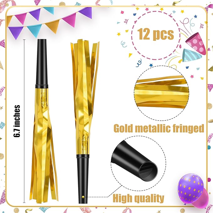 12 Pcs Glitter Noise Makers Metallic Fringed Party Blower for Adults Birthday Graduation New Years Party Favors Supplies (Gold)