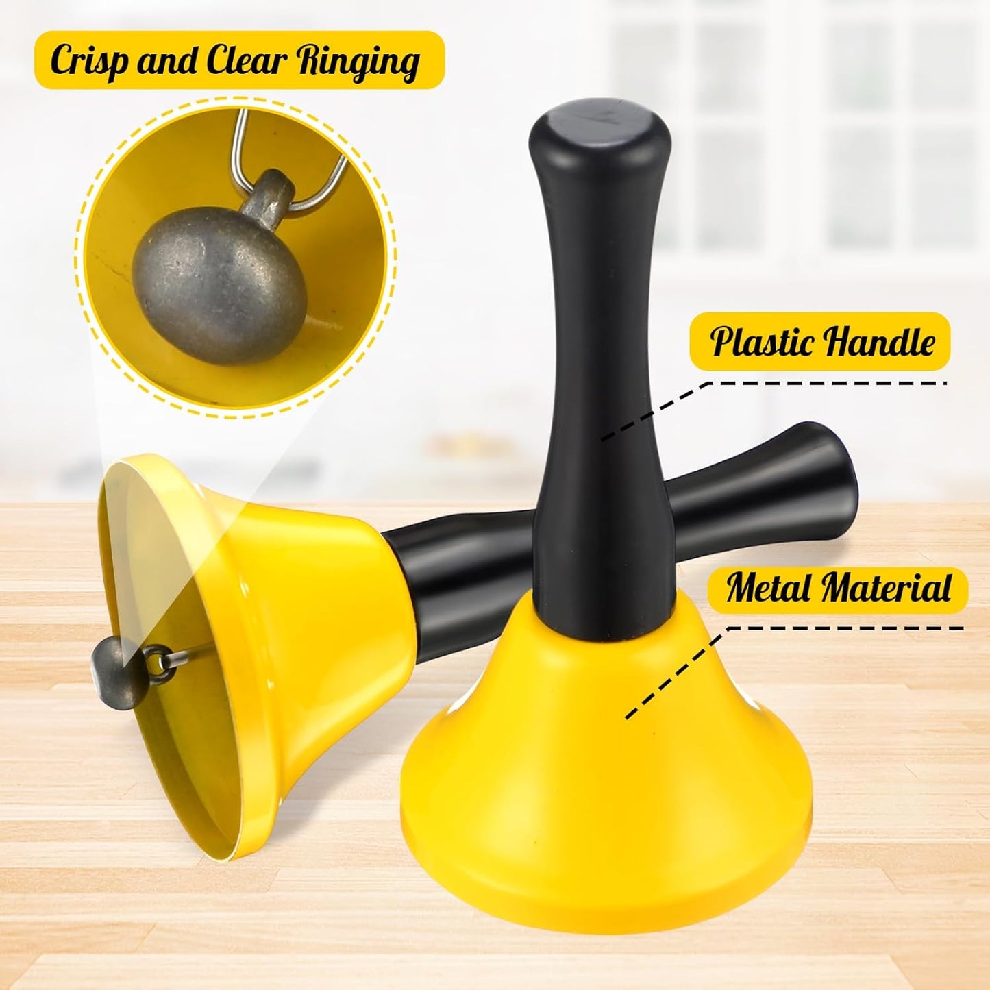 Yeshone 50 Pcs Hand Steel Call Bells Bulk Wedding Dinner Service Bells with Wood Handles for the Sick Elderly Alert Classroom Alarm, 1.97 x 3.66 Inches(Yellow)