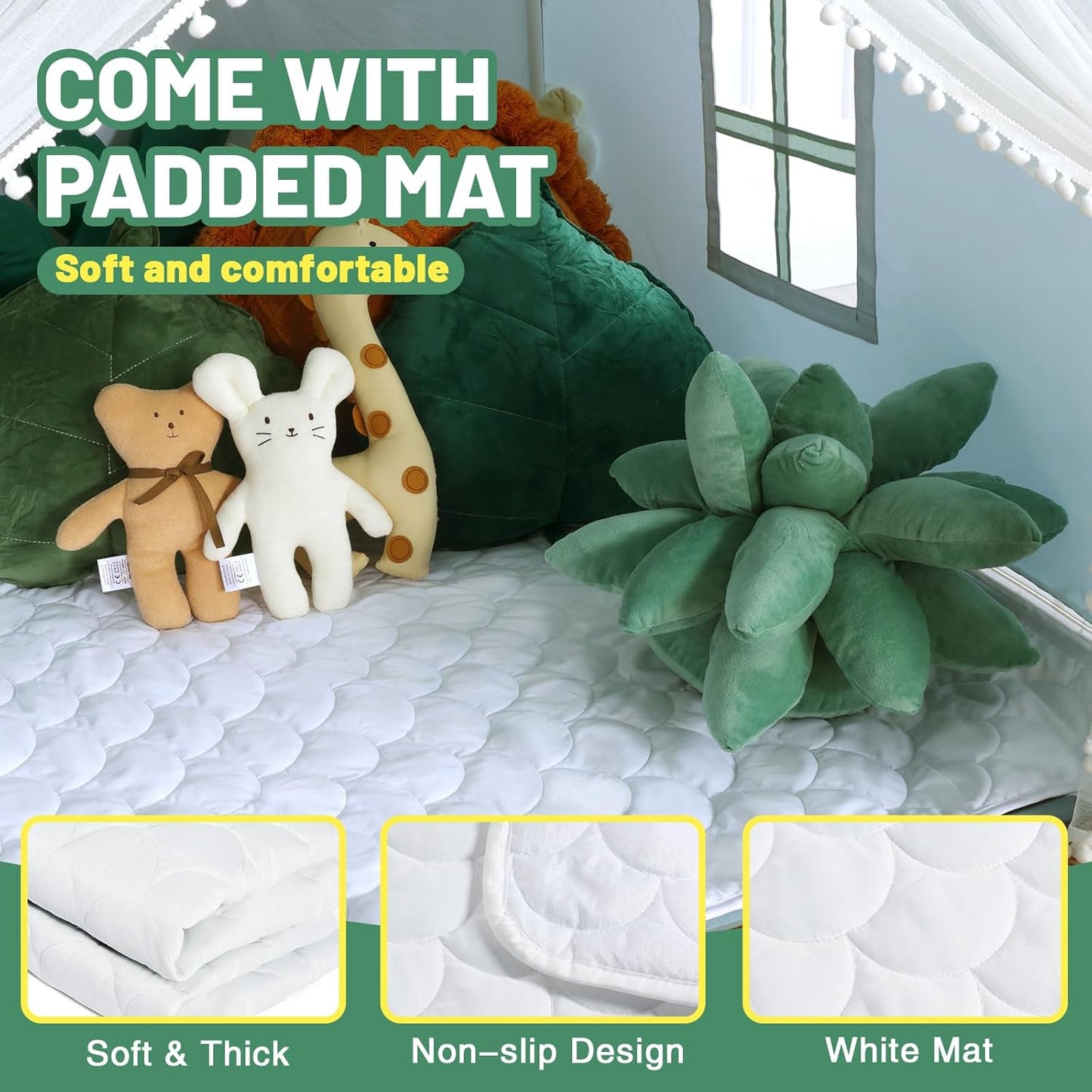 Wilwolfer Kid Tent with Mat, Star Lights - Kids Play Tents for Toddlers Kids Tents Indoor Playhouse - Princess Tent for Girls Toy House Gift (Green with Mesh)