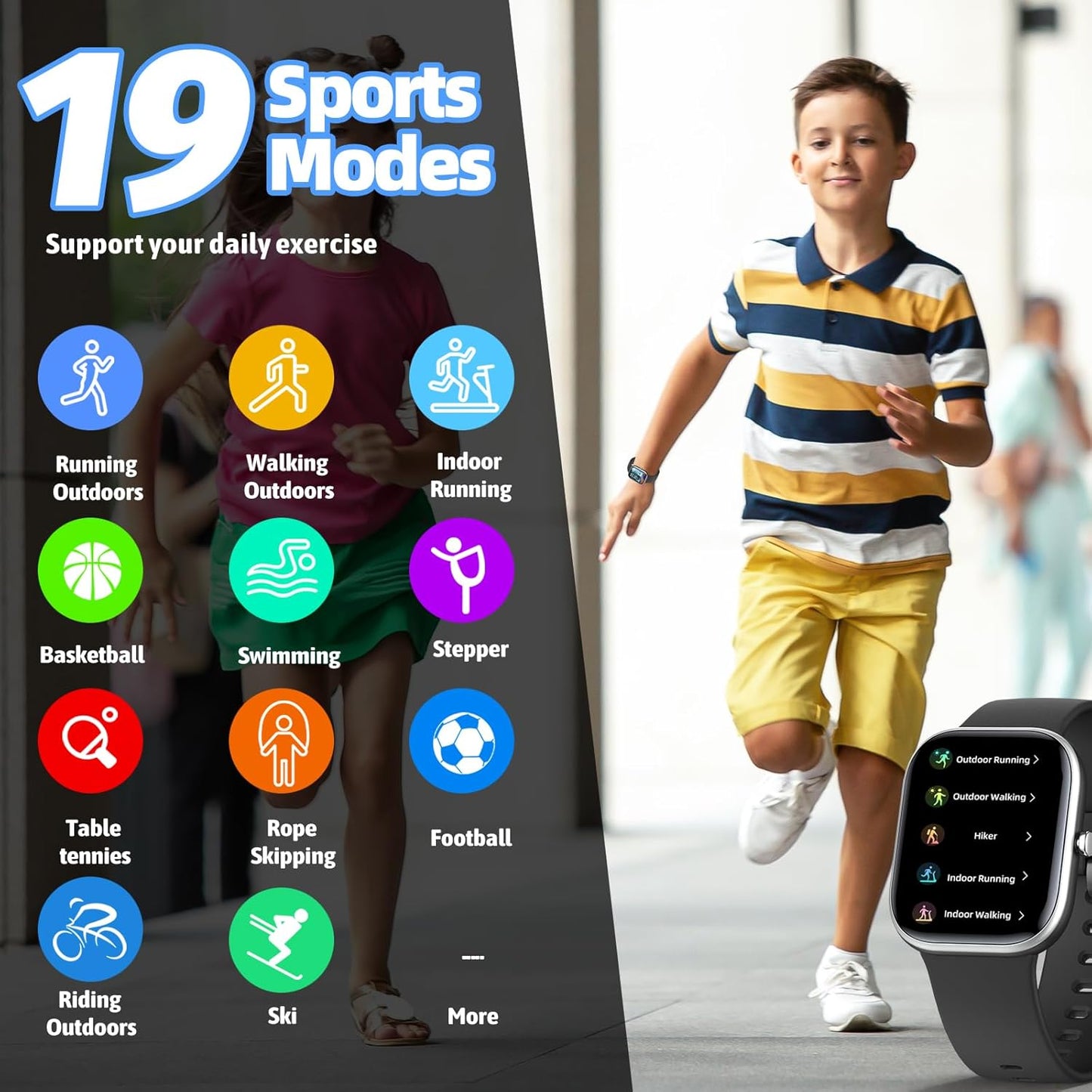 Smart Watch for Kids Fitness Tracker No Phone/APP Needed,19 Sport Mode,1.5" DIY Dial,IP68 Waterproof,Sleep Monitor,Pedometers,Heart Rate,Great Birthday Gift for Boys Girls Teens 6-14 year Olds (Black)