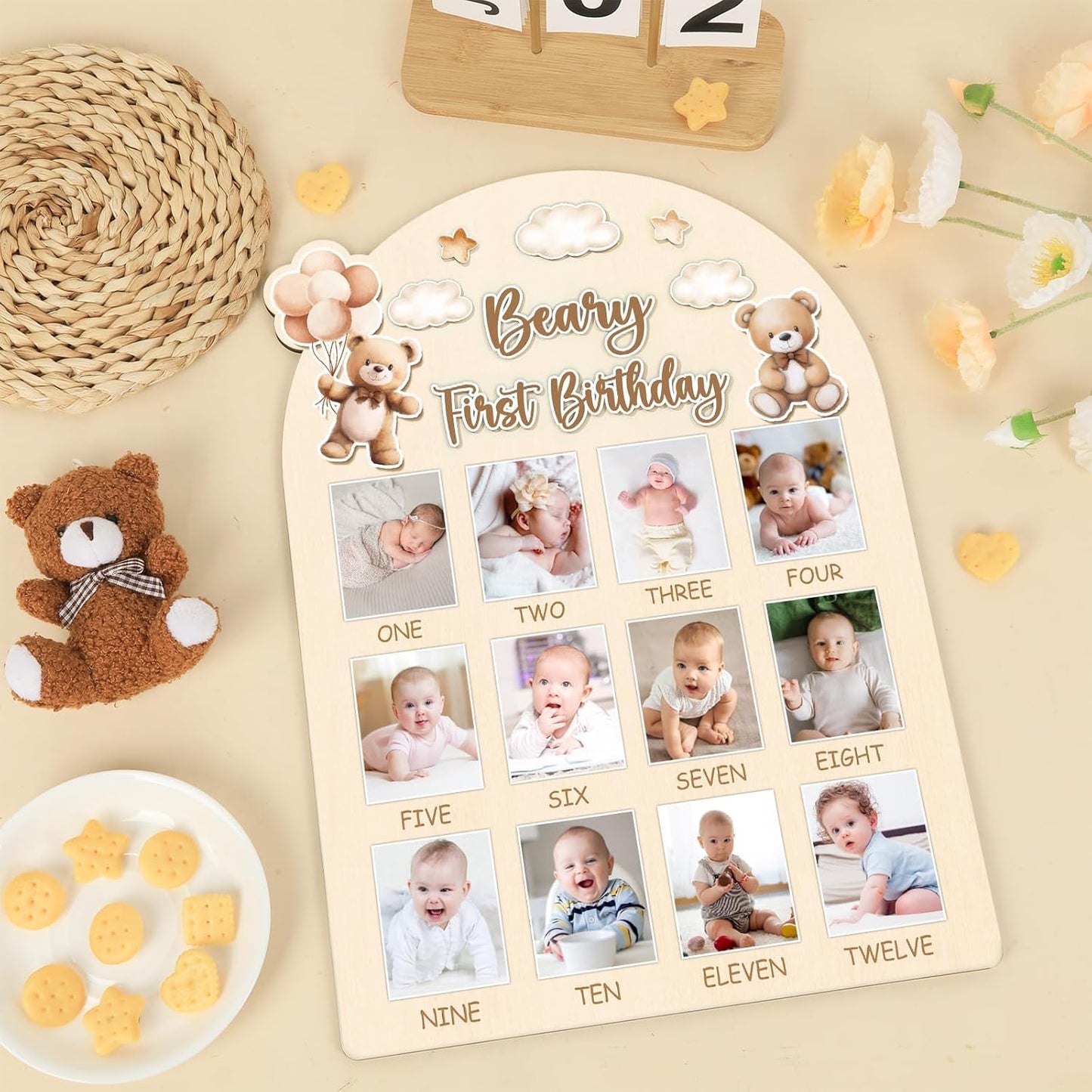 Beary First Birthday Photo Board Cute Bear Birthday Party Wooden Board Decorations 12 Monthly Milestone Picture Frame One Year Old Wood Sign 1st Birth Day Photo Banner for Baby Keepsake Gift Supplies