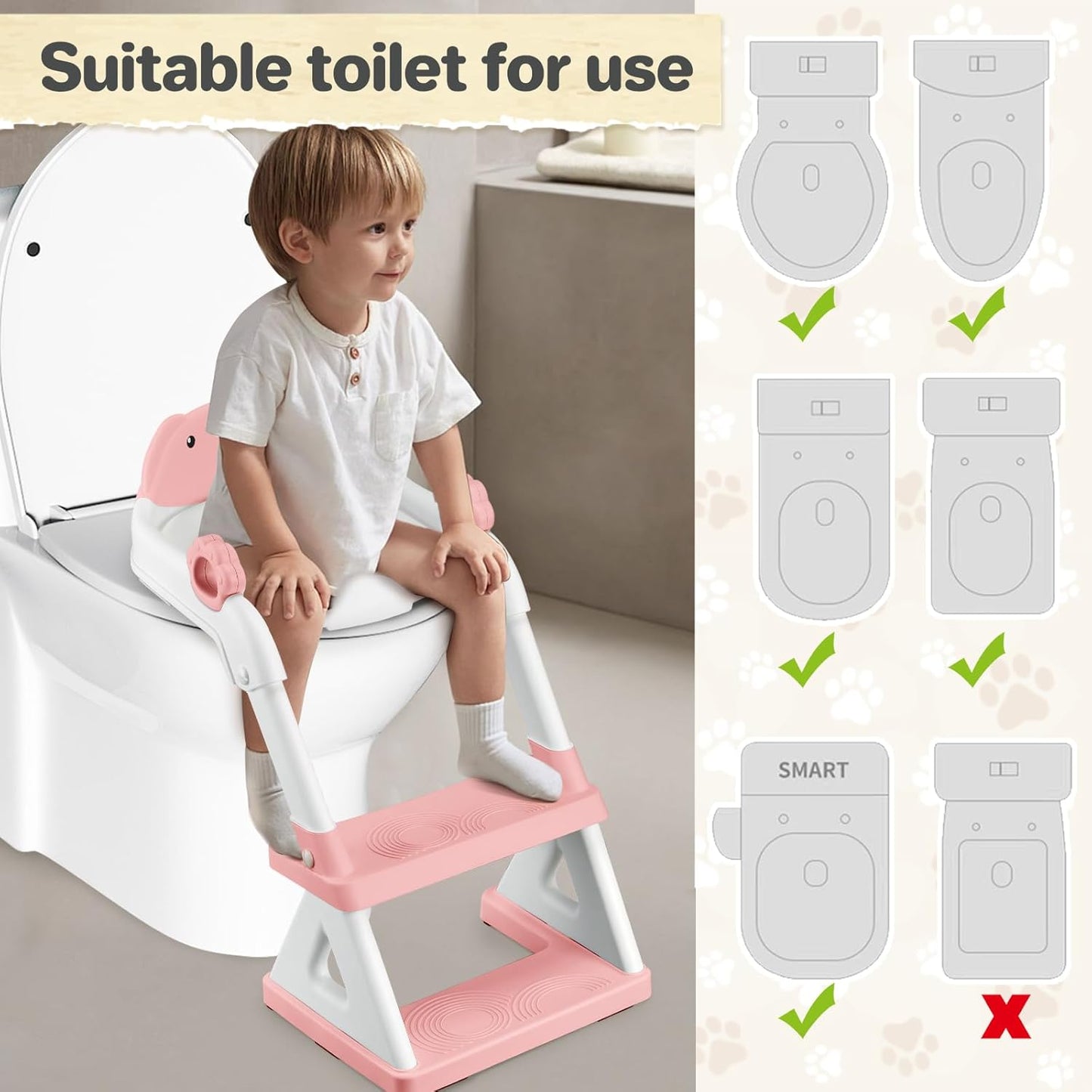 2 In 1 Potty Training Toilet Seat & Toddler Step Stool, Bottom Triangle Stability Toddler Toilet Seat, Adjustable Step & Seat Height Potty Seats (Pink)