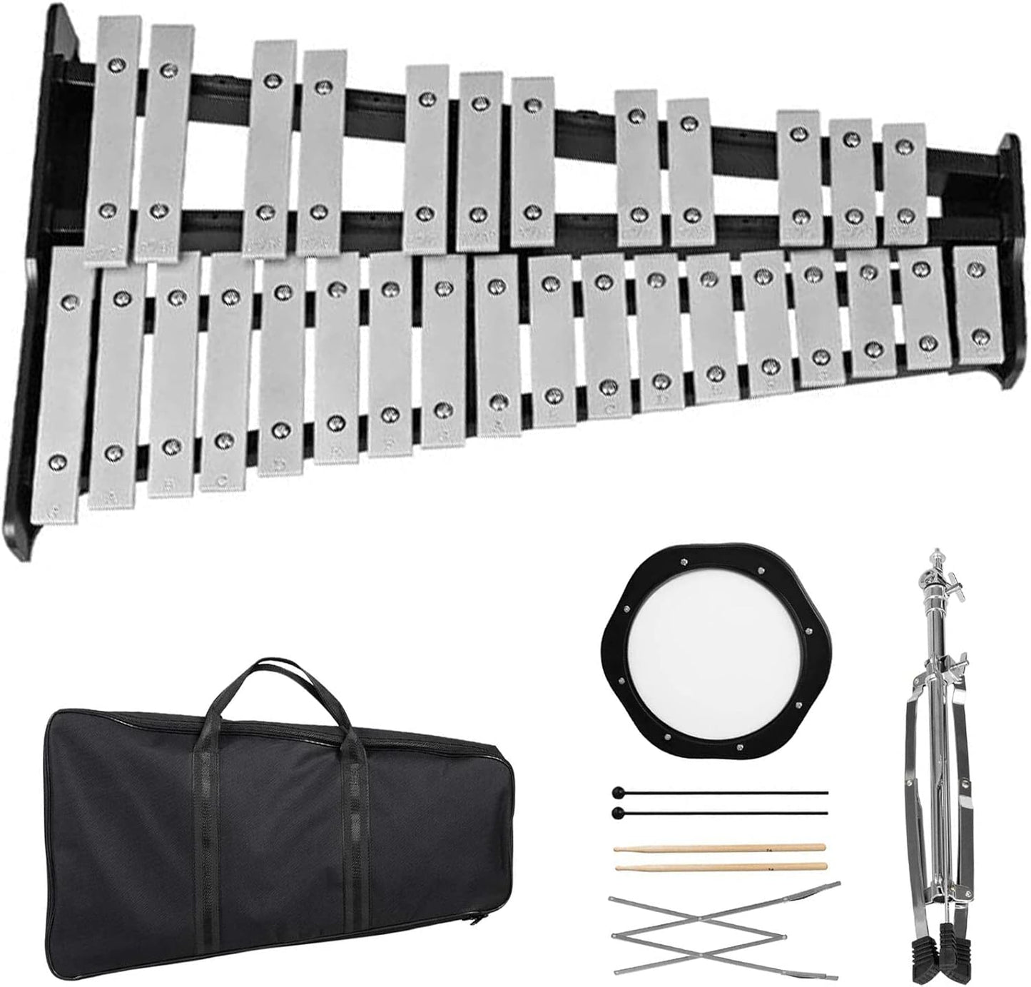 Giantex Percussion Glockenspiel Bell Kit 30 Notes with Carry Case, Practice Pad, Adjustable Height Stand, Bell Mallets, Wooden Sticks, Music Stand, Xylophone Percussion Instrument Set