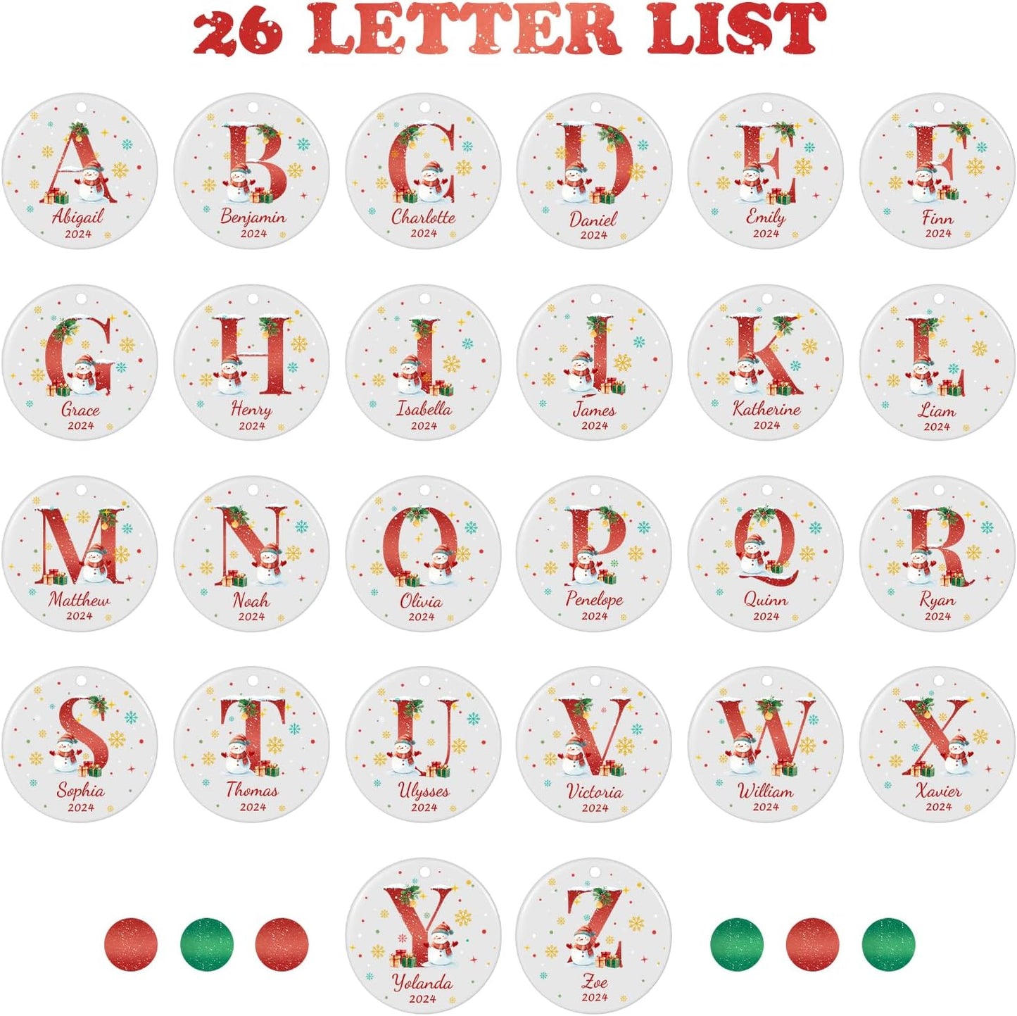 Name Ornaments for Christmas Tree, Custom Initial Monogram Snowman Ceramic Ornament for Kids Boys Girls, Monogrammed Christmas Ornaments 2025
