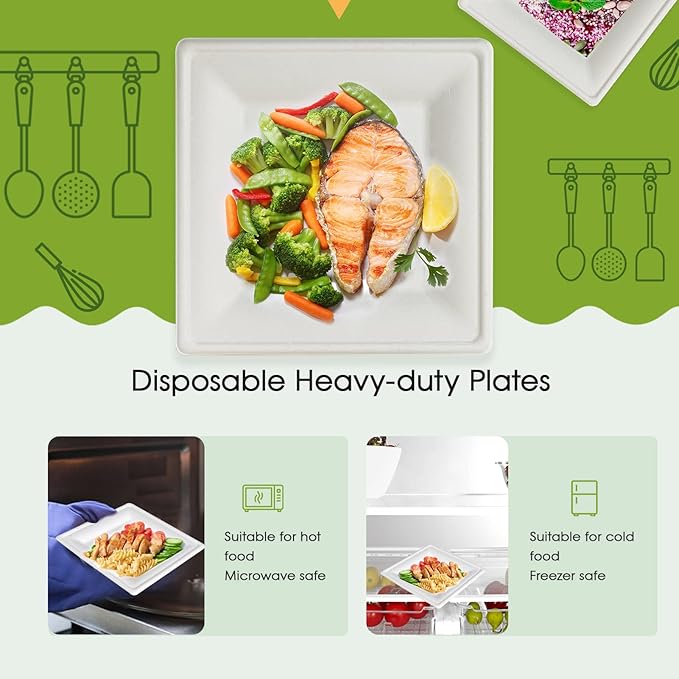 ECOLipak 150 Piecs Compostable Square Plates, 6 inch Eco-friendly Heavy Duty Biodegradable Sugarcane Disposable Paper Plates for Party Dinner Birthday