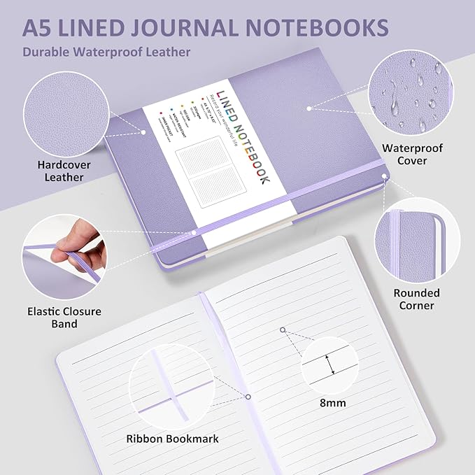 Lined Journal Notebook for Women Men, 200 Pages A5 Hardcover Leather Journals 5.7” x 8.3”, A5 College Ruled Notebooks with 100 GSM Thick Paper for Writing,Travel,School,Office,Work,Business(Purple)