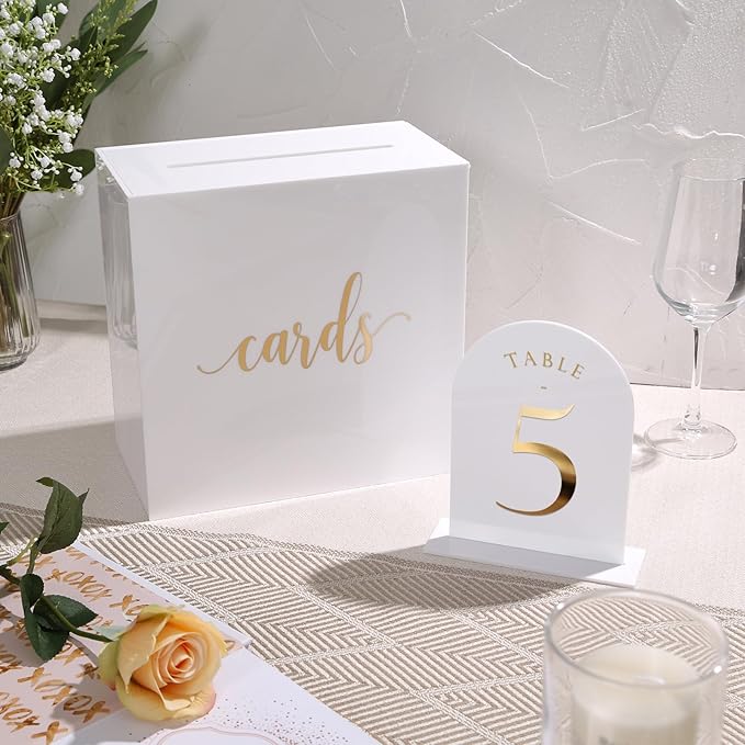 UNIQOOO White Arch Wedding Table Numbers with Stands 1-15, Gold Foil Printed 5x7 Double sided Acrylic Signs and Holders, Perfect for Centerpiece, Reception, Decoration, Party, Anniversary, Event