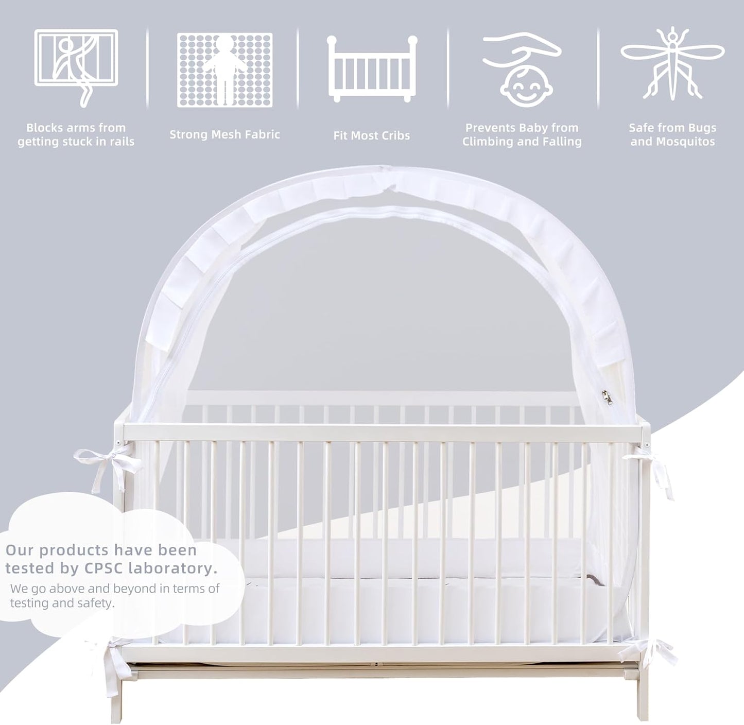 Lazyzzzz Baby Crib Tent - Pop Up Crib Canopy with Double Zipper Self-Locked,1200 Holes/Inch Mesh Crib Net to Keep Baby from Climbing Out, Portable Easy Install 55" L x 27" W x 51" H White
