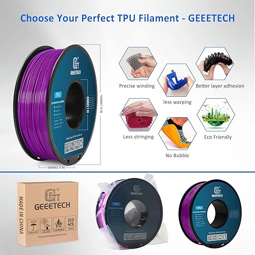 Geeetech TPU Filament 1.75mm – 95A Flexible 3D Printer Filament with High Elasticity, 1KG (2.2lbs) Spool, Dimensional Accuracy ±0.03mm, Fits Most FDM Printers (Purple)
