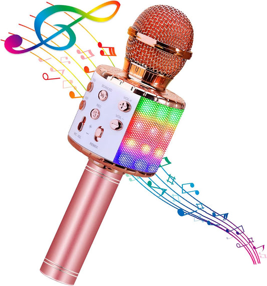BlueFire 4 in 1 Karaoke Wireless Microphone with LED Lights, Portable Microphone for Kids, Great Gifts Toys for Kids, Girls, Boys and Adults (Pink)