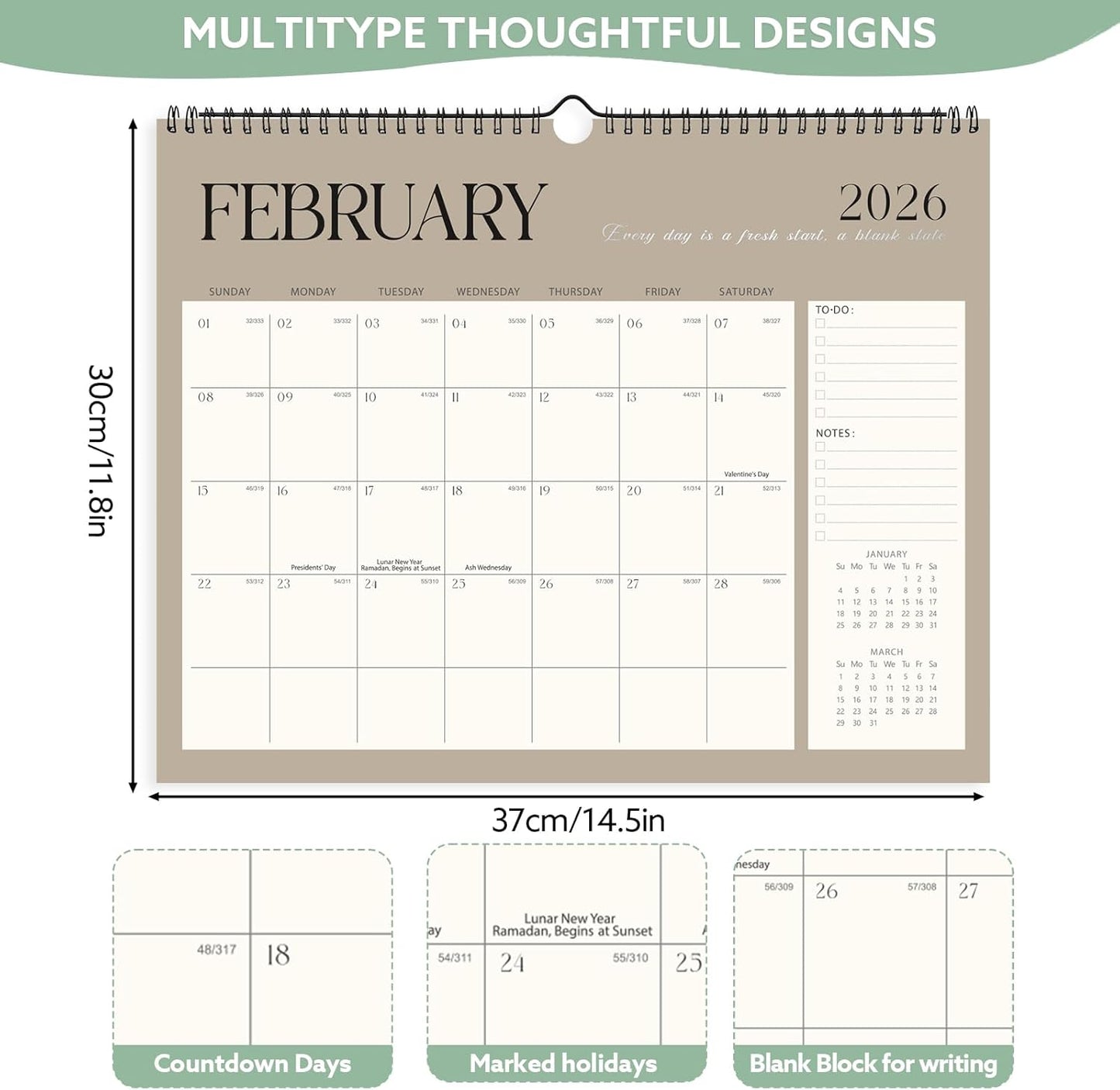 Wall Calendar 2026-2027, 18 Month Large Desk Calendar from January 2026 to June 2027 14.5" x 11.8" Monthly Calendar with Twin-Wire Binding for Home Office Planning Organisers, Simple Style
