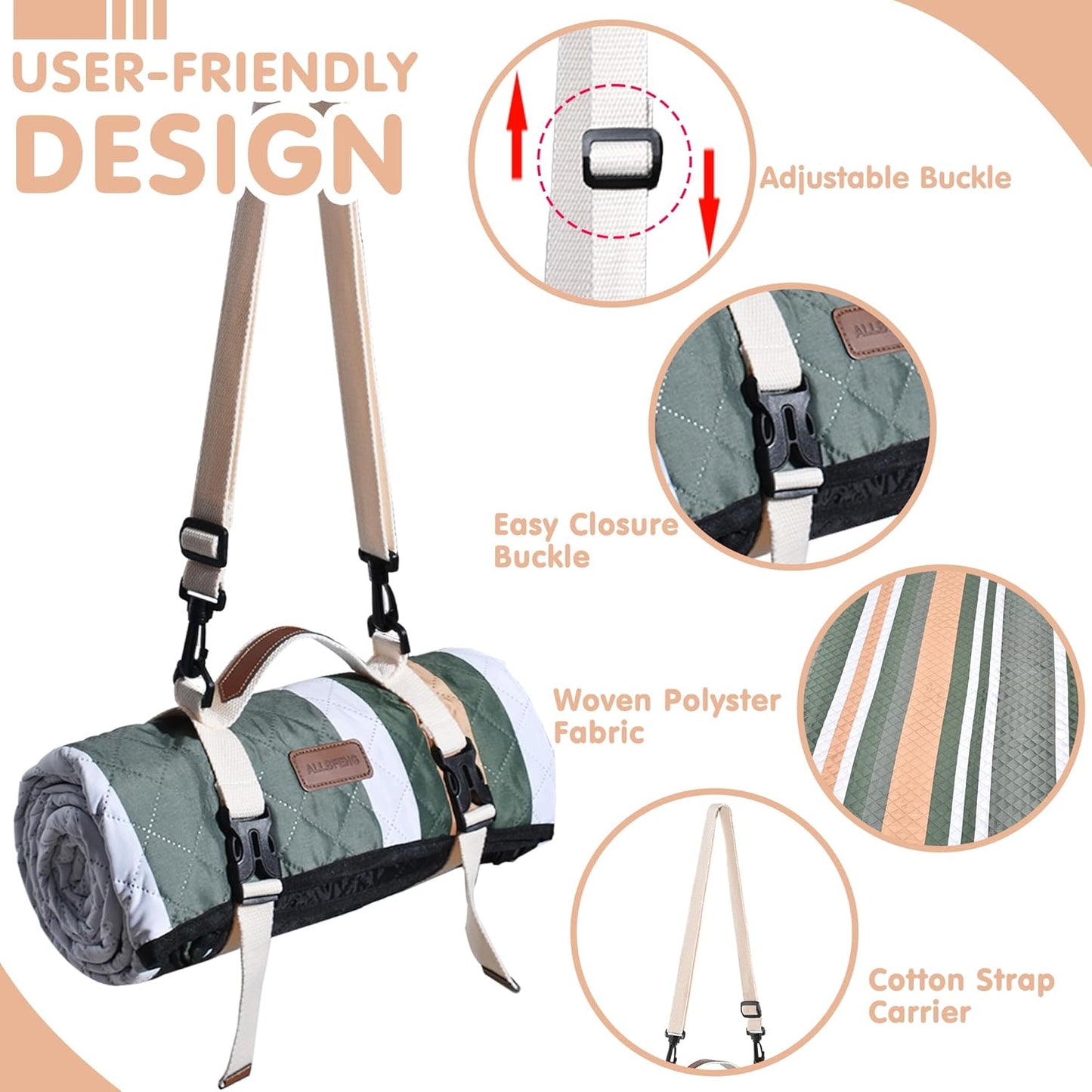 Waterproof Picnic Blanket 80" x 80" in Portable with Carry Strap for Beach Mat or Family Outdoor Camping Party, Park Blanket for Grass Park Hiking Travel Concerts (Dark Green&White&Orange, 80" x 80")