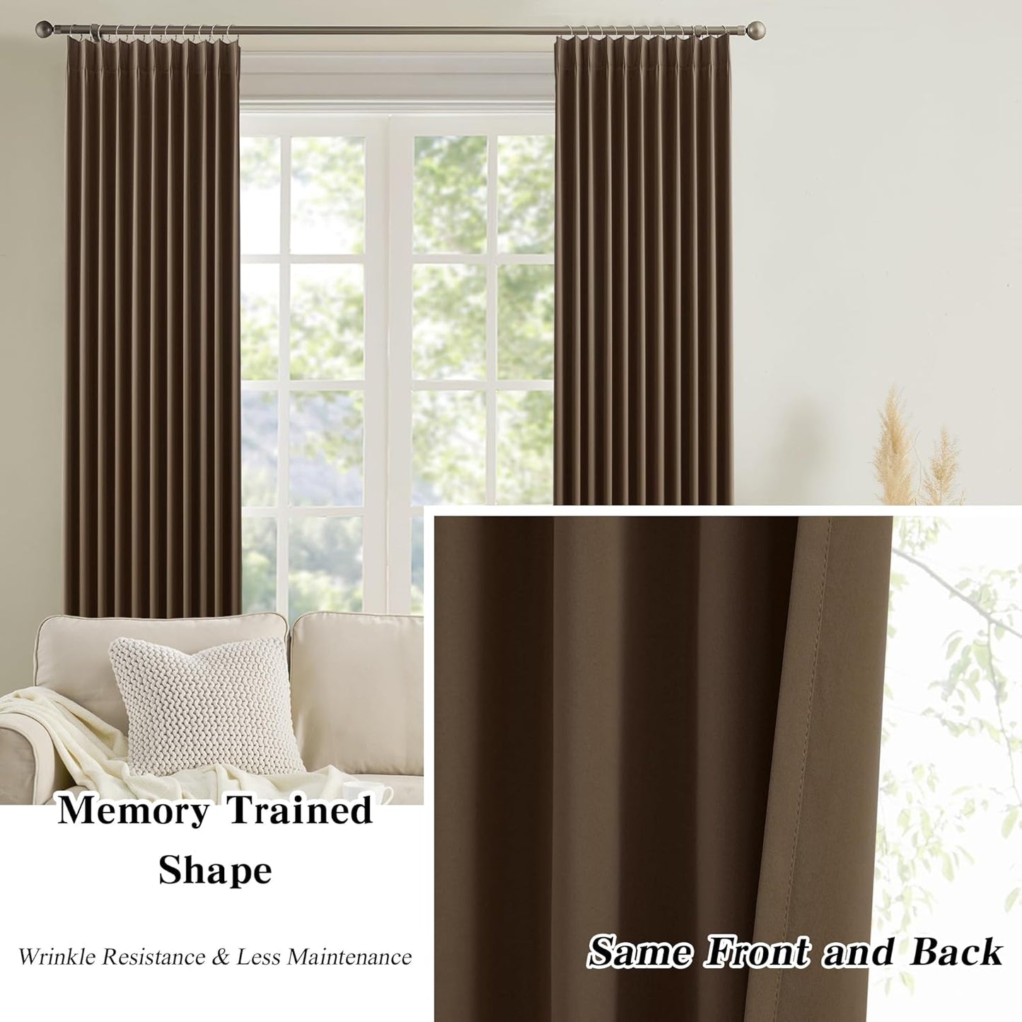 KEQIAOSUOCAI Brown Blackout Curtains 138 Inches Long, Extra Long Pinch Pleats Living Room Curtains Thermal Pleated Curtains Panels Drapery for Home, Hotel, Office, 40" W x 138" L, Set of 2