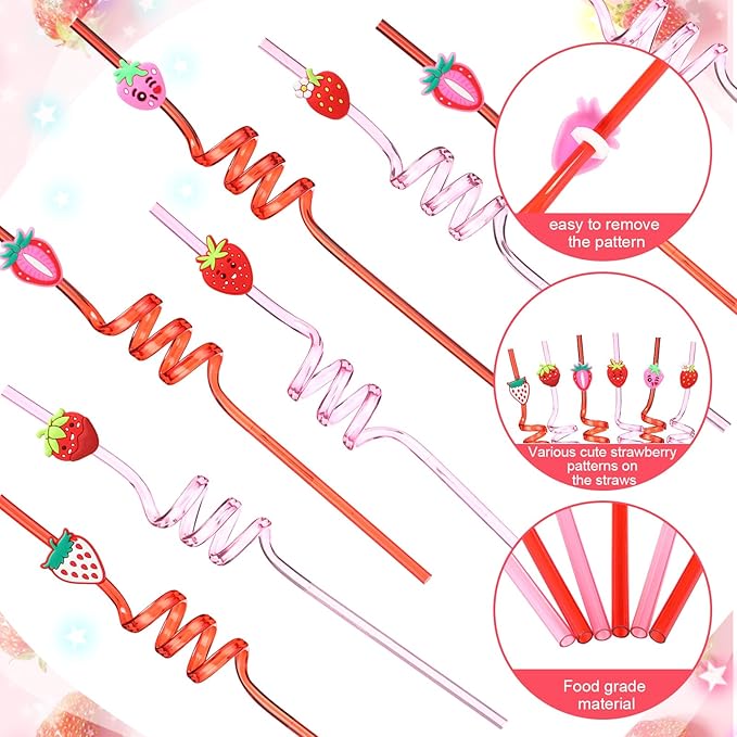 Yungyan 24 Sets Strawberry Party Favors Goodie Cups with Lids and Straws for Birthday Decorations Reusable 16oz Plastic Candy Cups Plastic Straws for Birthday Party (Strawberry)
